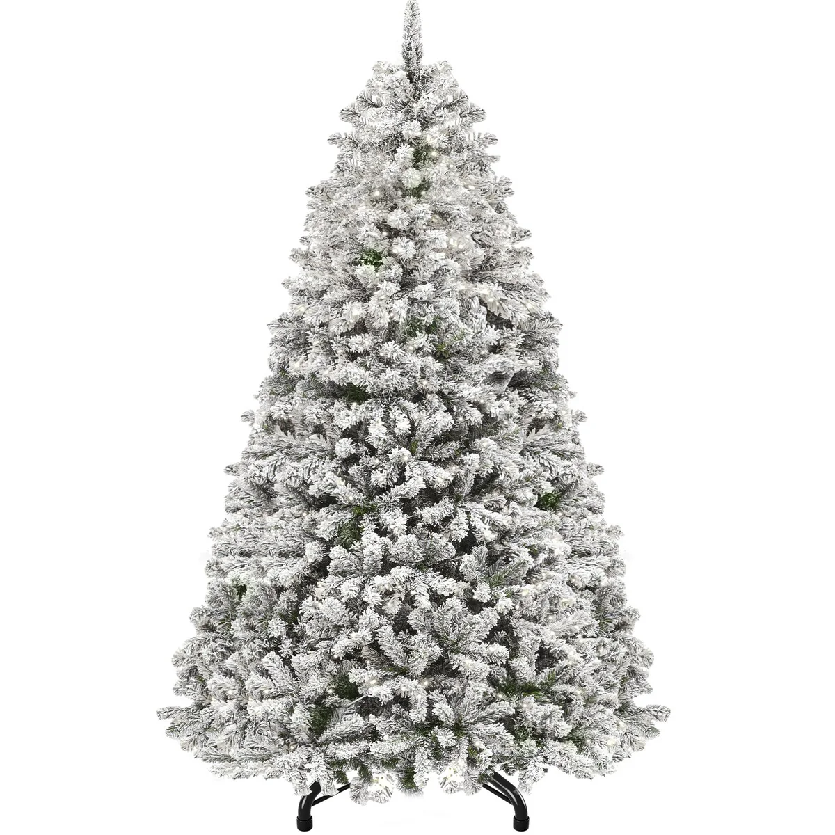 Snow Flocked Artificial Full 6/7.5/9ft Christmas Pine Tree with 8 Light-Modes, 800 Branch Tips, and Foldable Base for Home