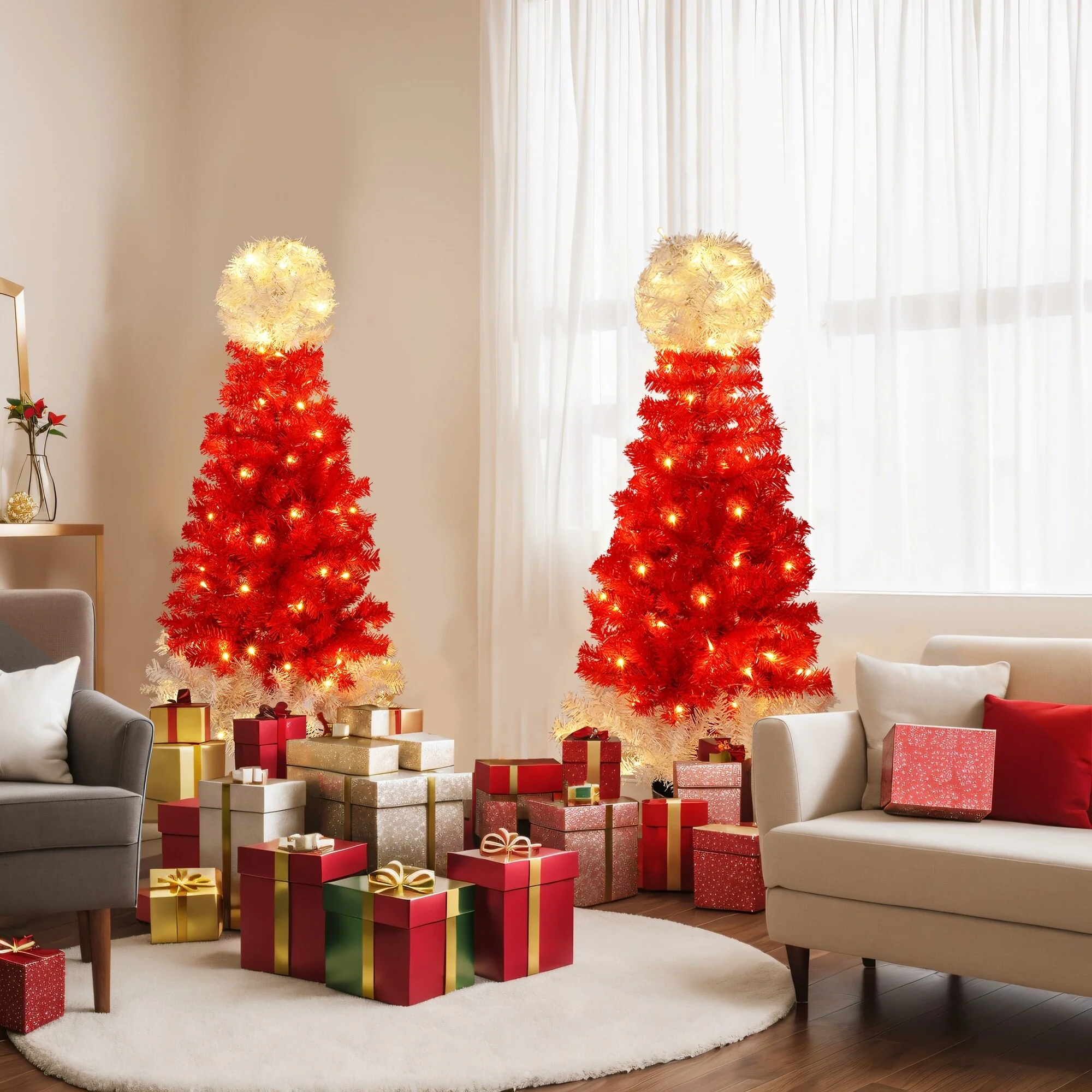 4FT Santa Hat Christmas Tree Set of 2, Pre-Lit with 100 Warm White LED Lights, Festive Indoor/Outdoor Decor