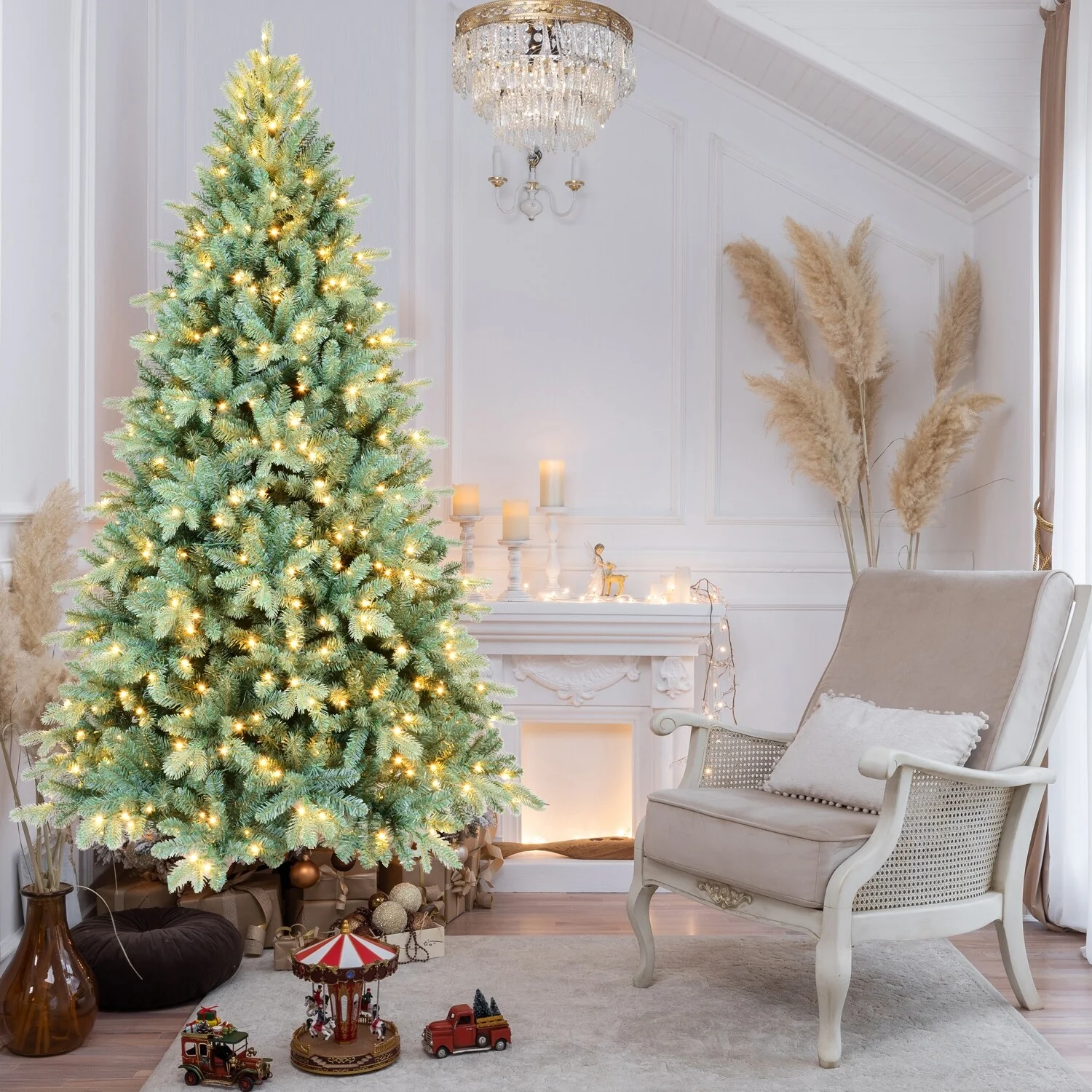 7.5FT Blue PE/PVC Christmas Tree with 550 Warm White LED Lights-2148 Tips, Hinged Branch Design, Full Natural Look, Metal Stand