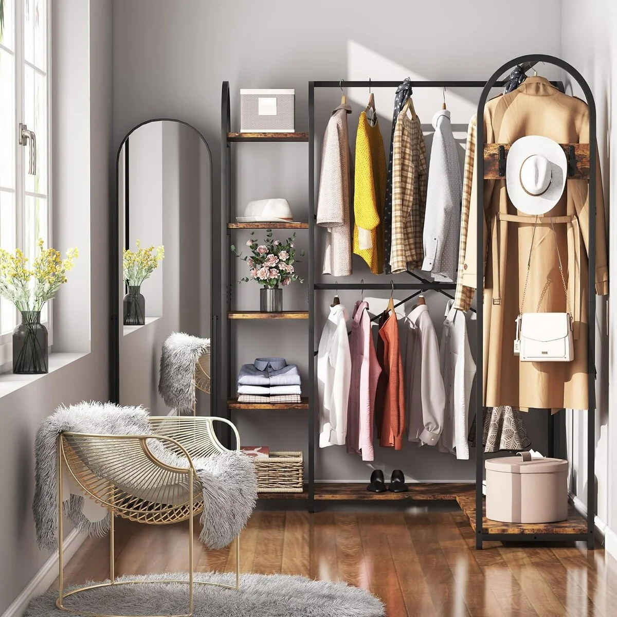 L Shape Clothes Rack Corner Garment Rack with Storage Shelves and Hanging Rods