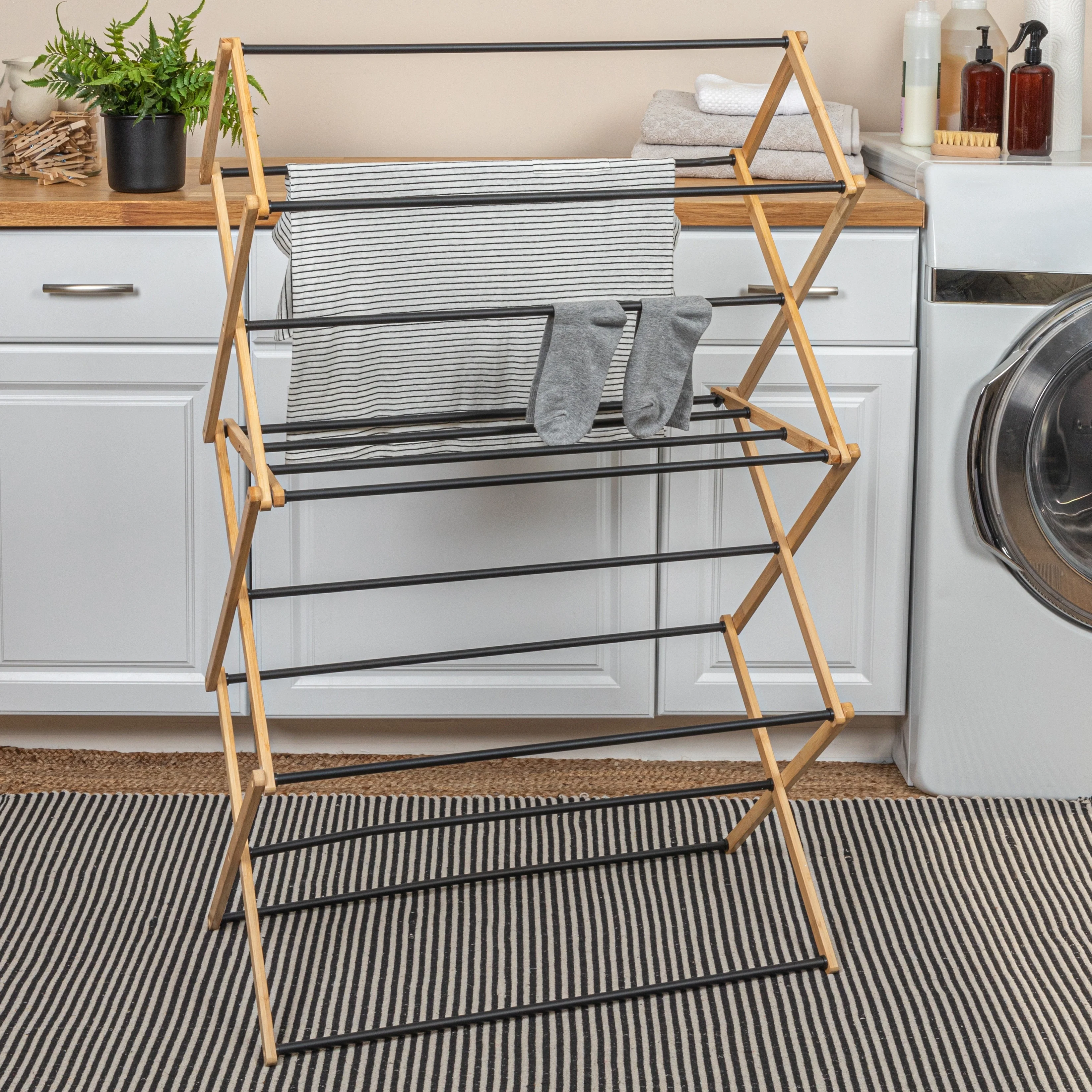 Household Essentials Bamboo Folding Clothes Drying Rack with 14 Coated Metal Dowels - 29.3
