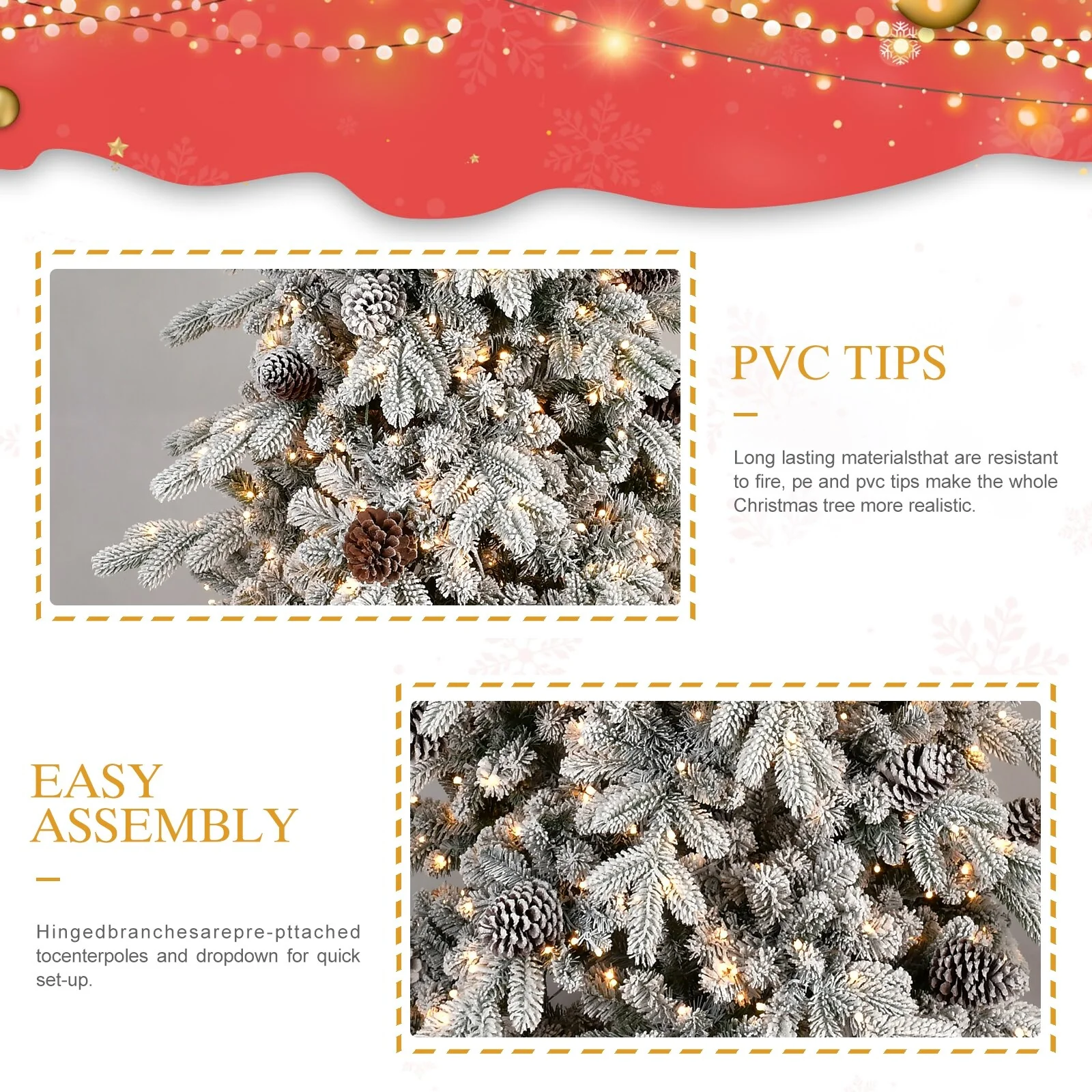 6FT Flocked PE/PVC Christmas Tree with 600 Warm White LED Lights-935 Tips, 31 Natural Pine Cones, Snowy Effect, Hinged Branches