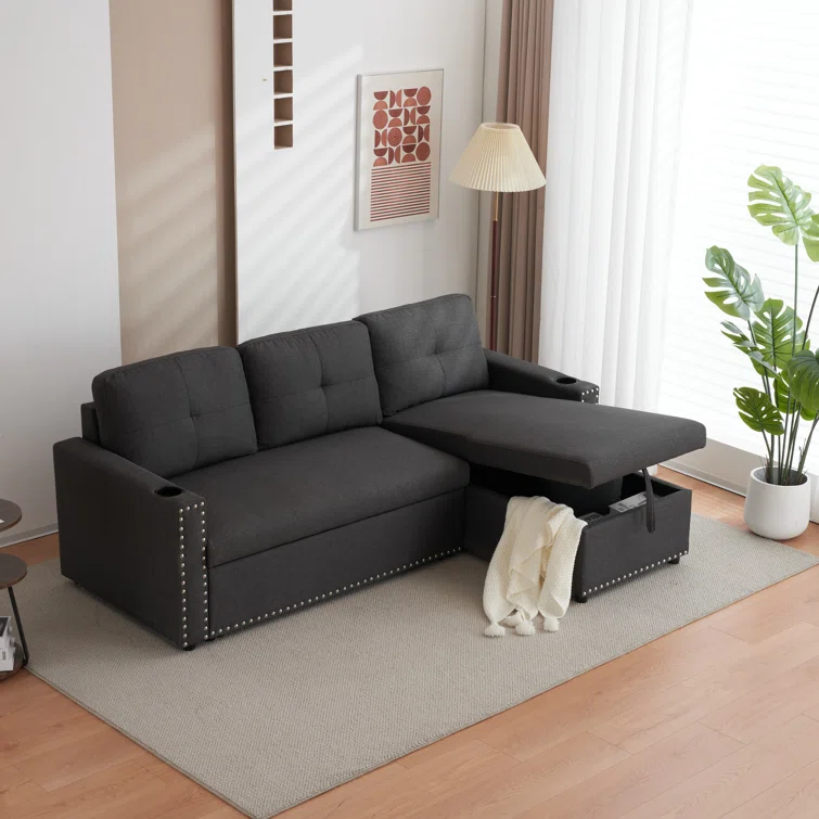Cidalino 83'' Upholstered Sleeper Sofa Chaise with Storage& 2 Cup Holders