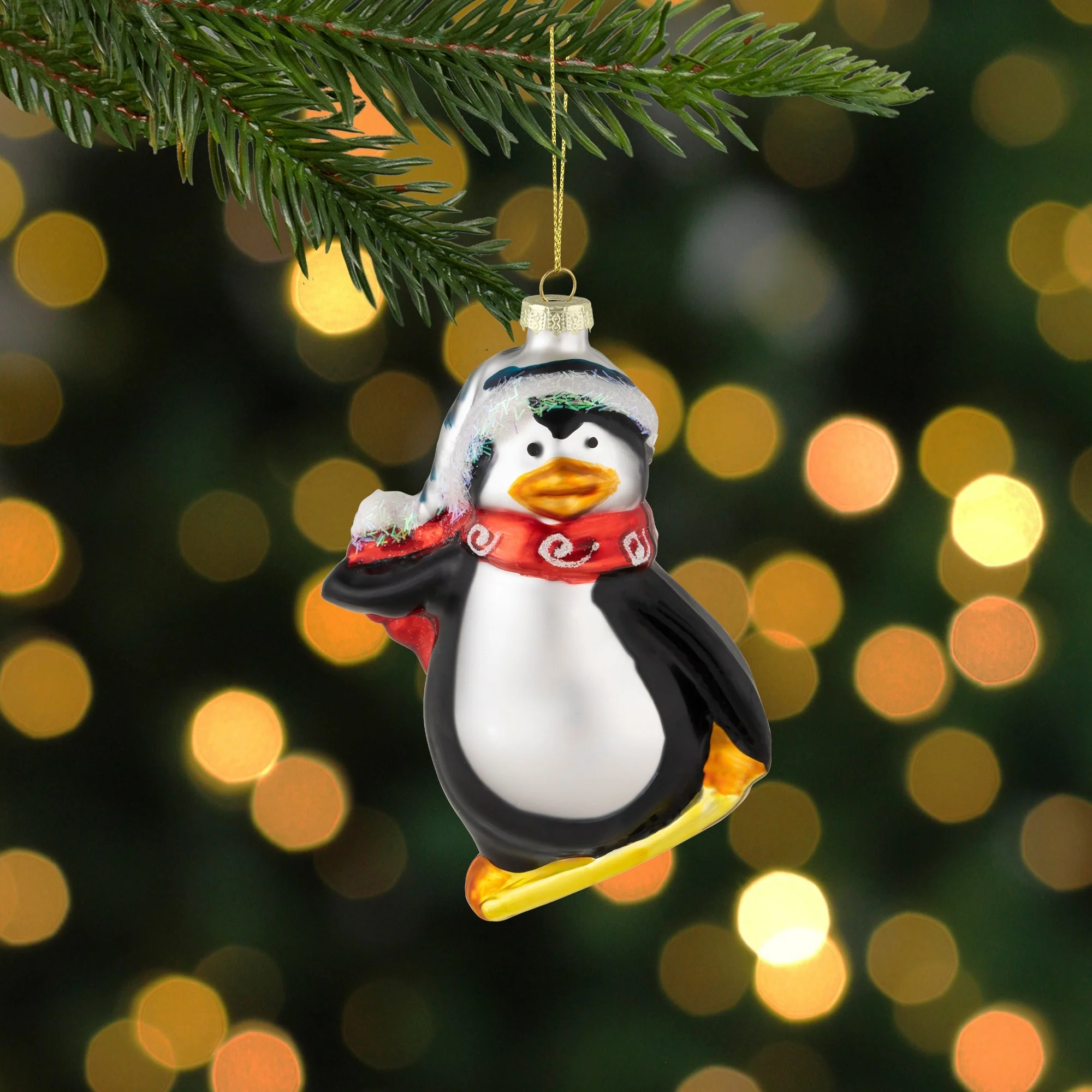 Snowboarding Penguin Glass Christmas Ornament - 4.25