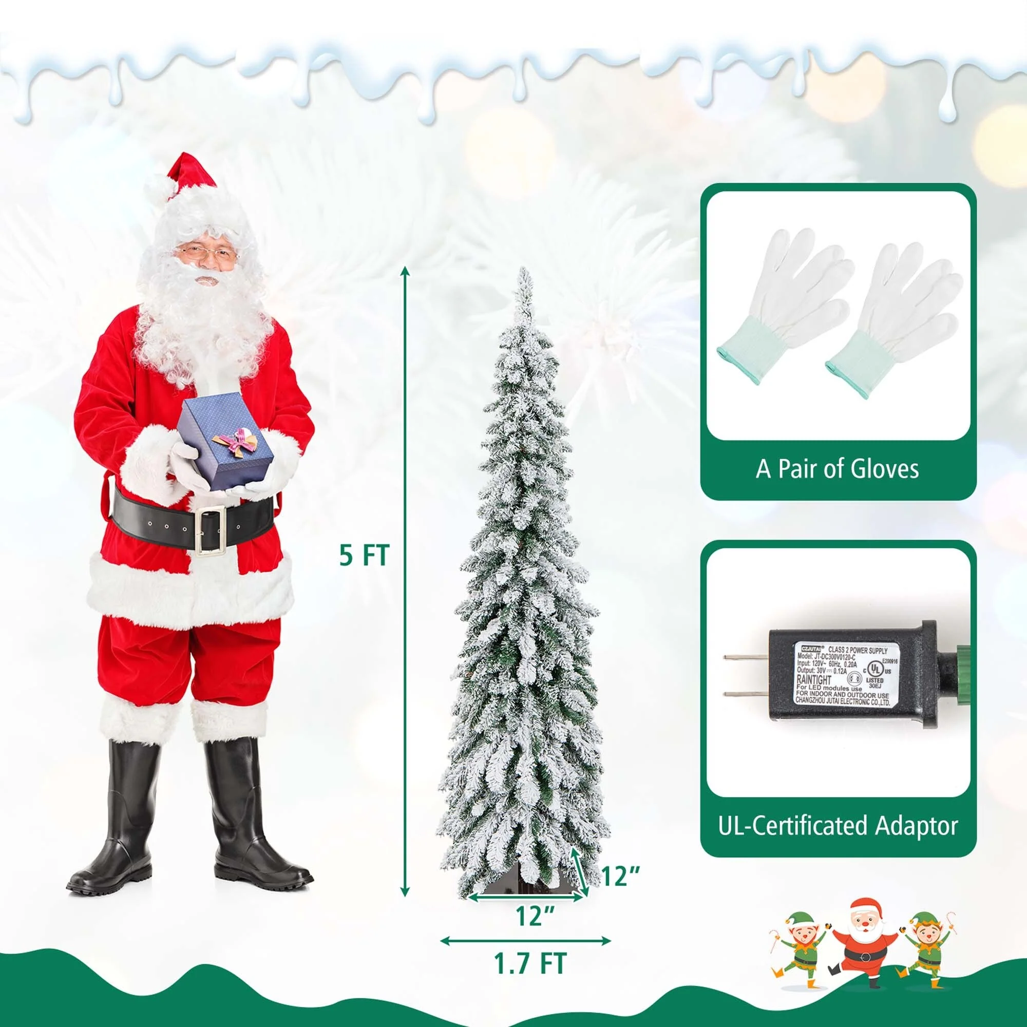 4 /5/6FT Pre-Lit Slim Christmas Tree Flocked Decoration LED Lights