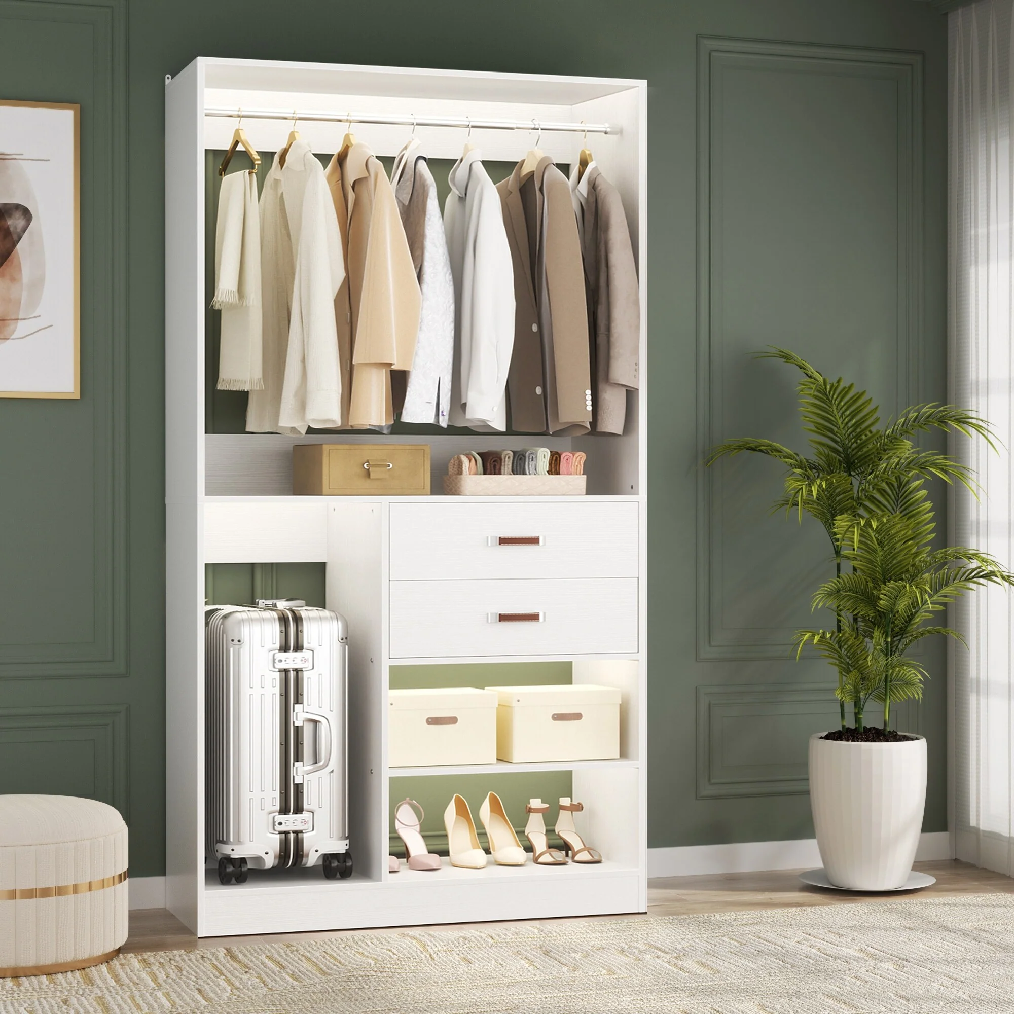 Vryon 40''W Freestanding Closet Organizer with Hanging Rod, Closet System Wardrobe with Wood Drawers