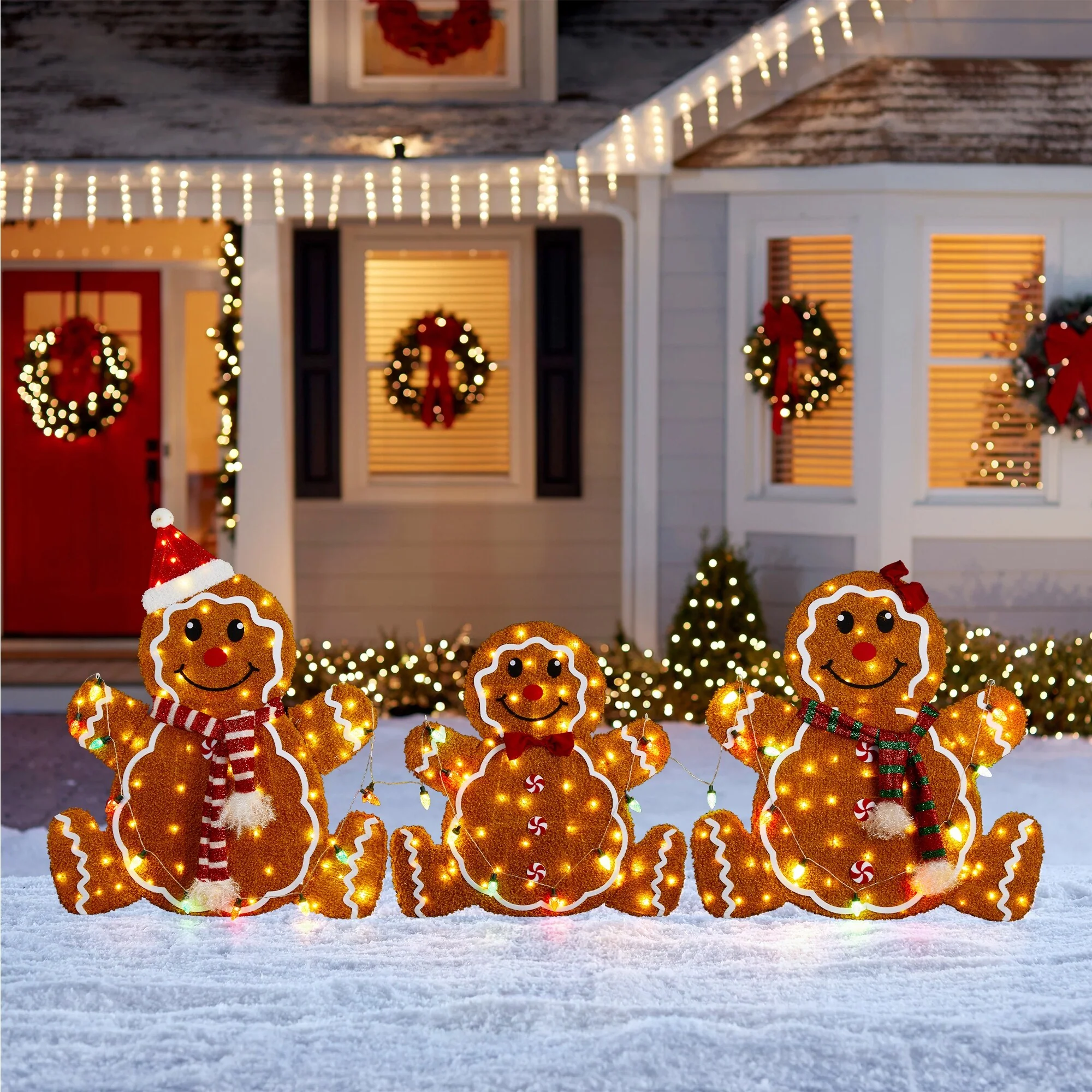 Glitzhome S/3 Lighted Christmas 2D Fabric Gingerbread Family Decor - Gingerbread Family