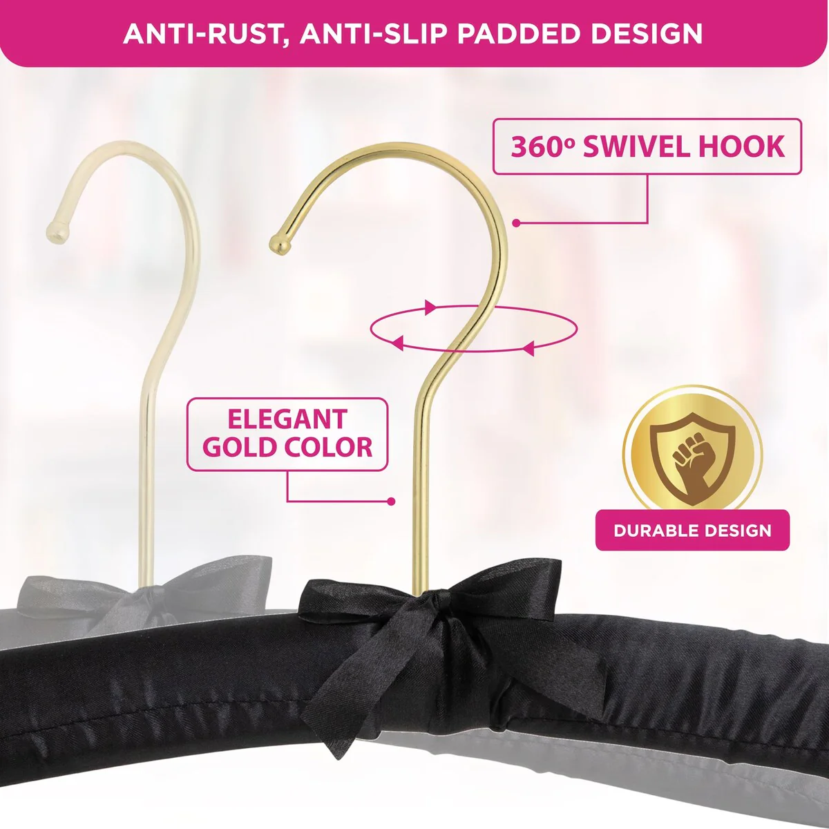 Premium HeavyDuty Thick Satin Padded Hangers Anti Slip - Black, Set of 12