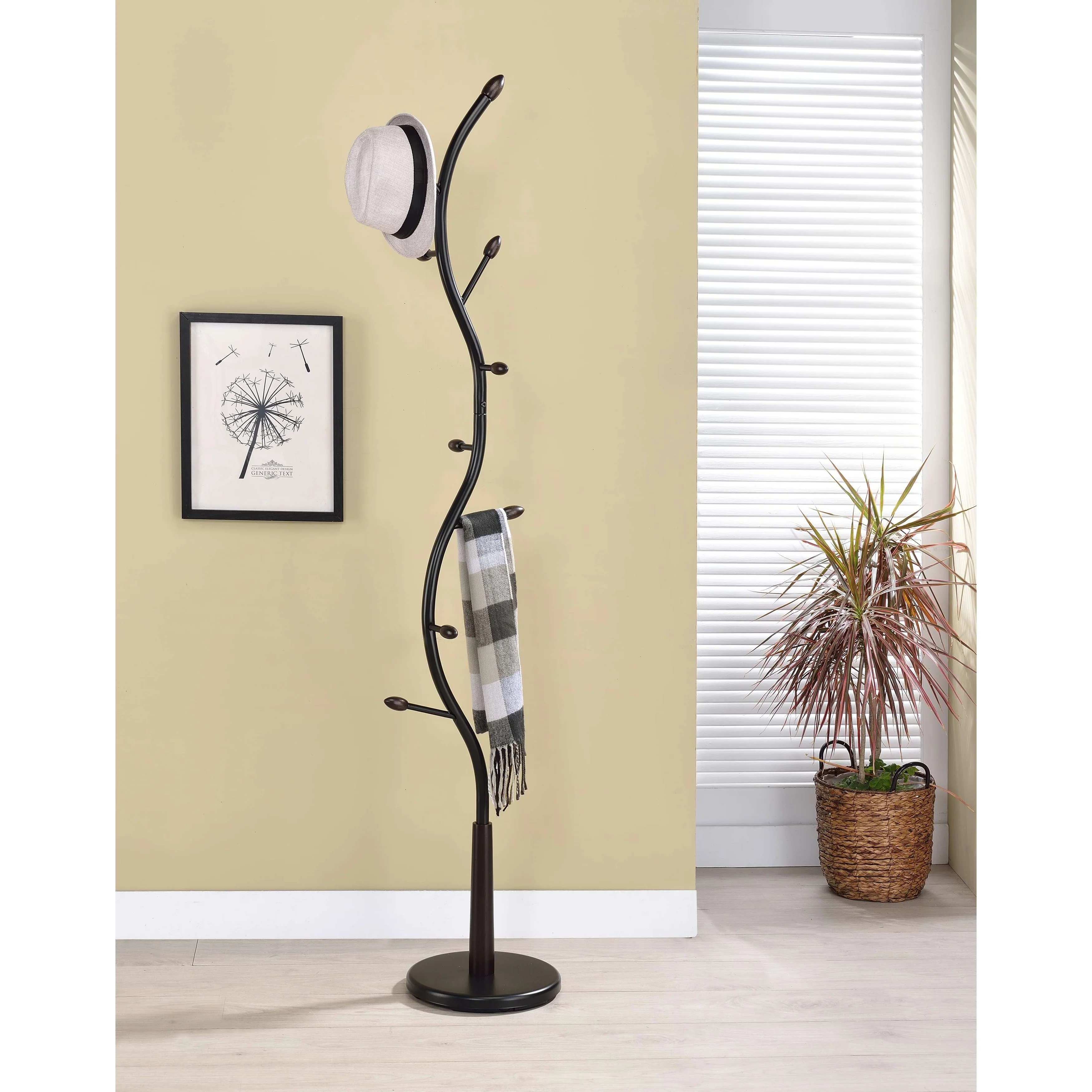 Black Metal & Walnut Wood Hall Tree Coat & Hat Rack Stand
