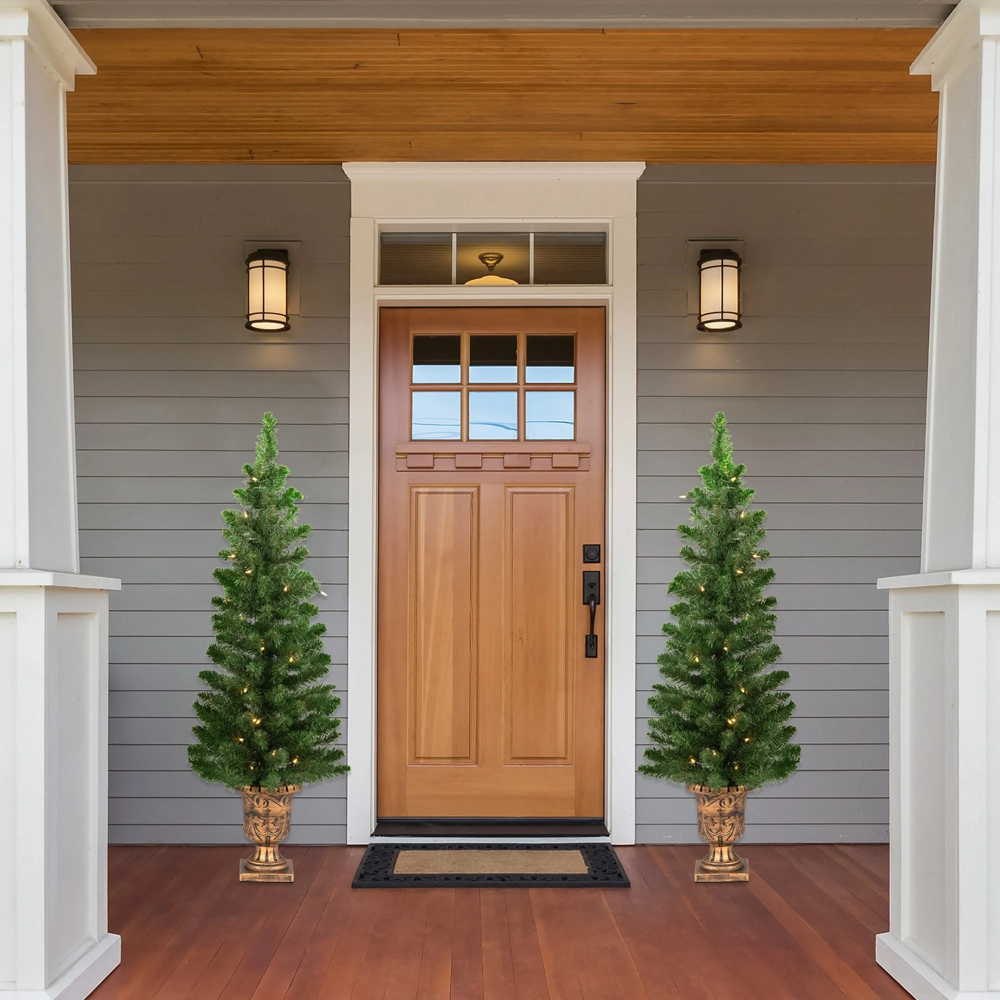 Set of 2 Pre-Lit Whitmire Pine Potted Artificial Christmas Trees 4' - Clear Lights.