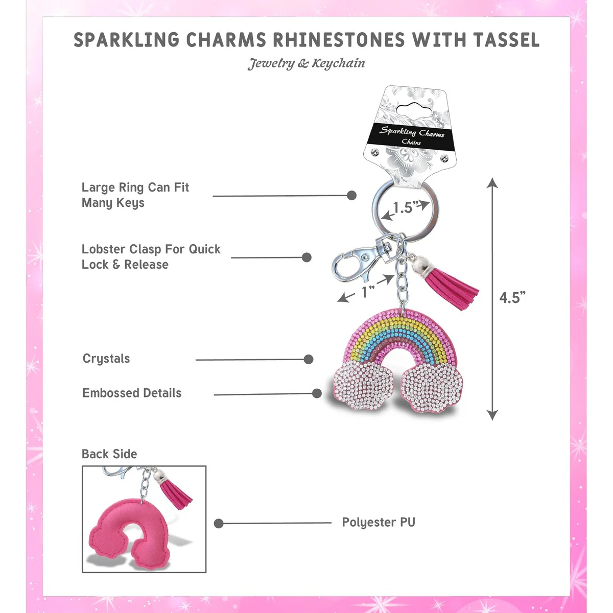 Aqua79 Unicorn Keychain - Rainbow Sparkling Rhinestones with Tassel - 2.5 x 2.25 x 0.3 inches