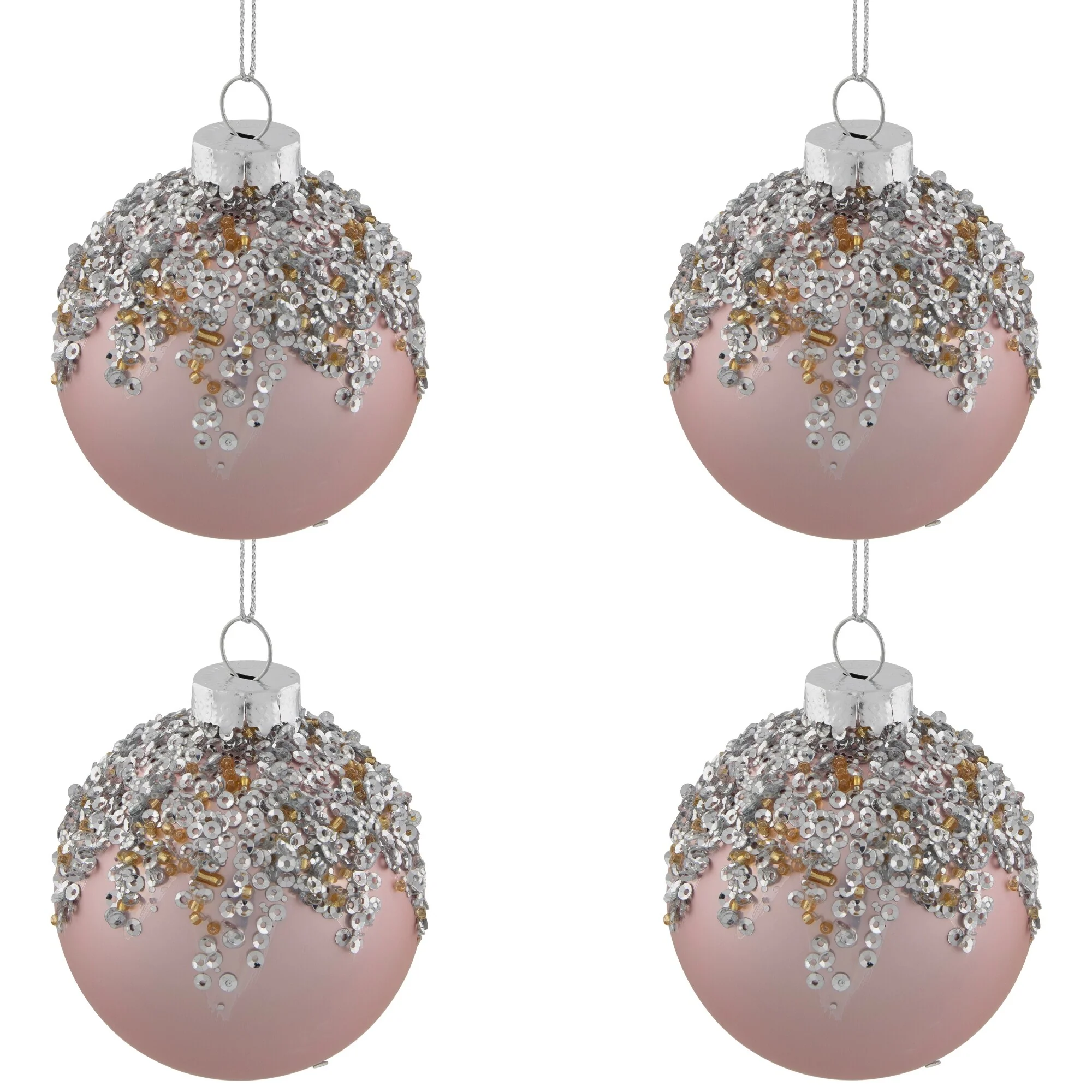 4ct Pink Beaded Sequined Glass Ball Christmas Ornament Set 2.75