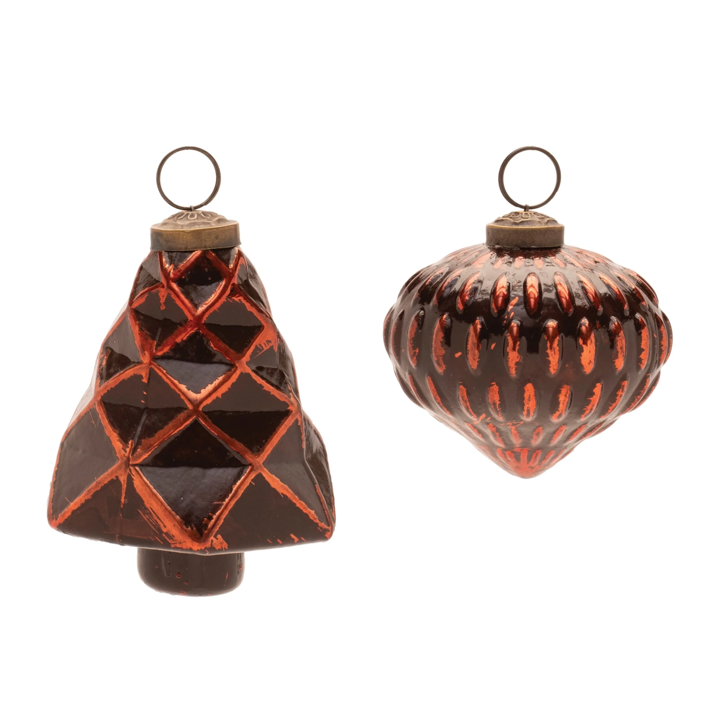 Red Glass Tree and Onion Ornaments with Brass Caps Set of 6 Glossy Decor - 3” x 3” x 4” (L x W x H)