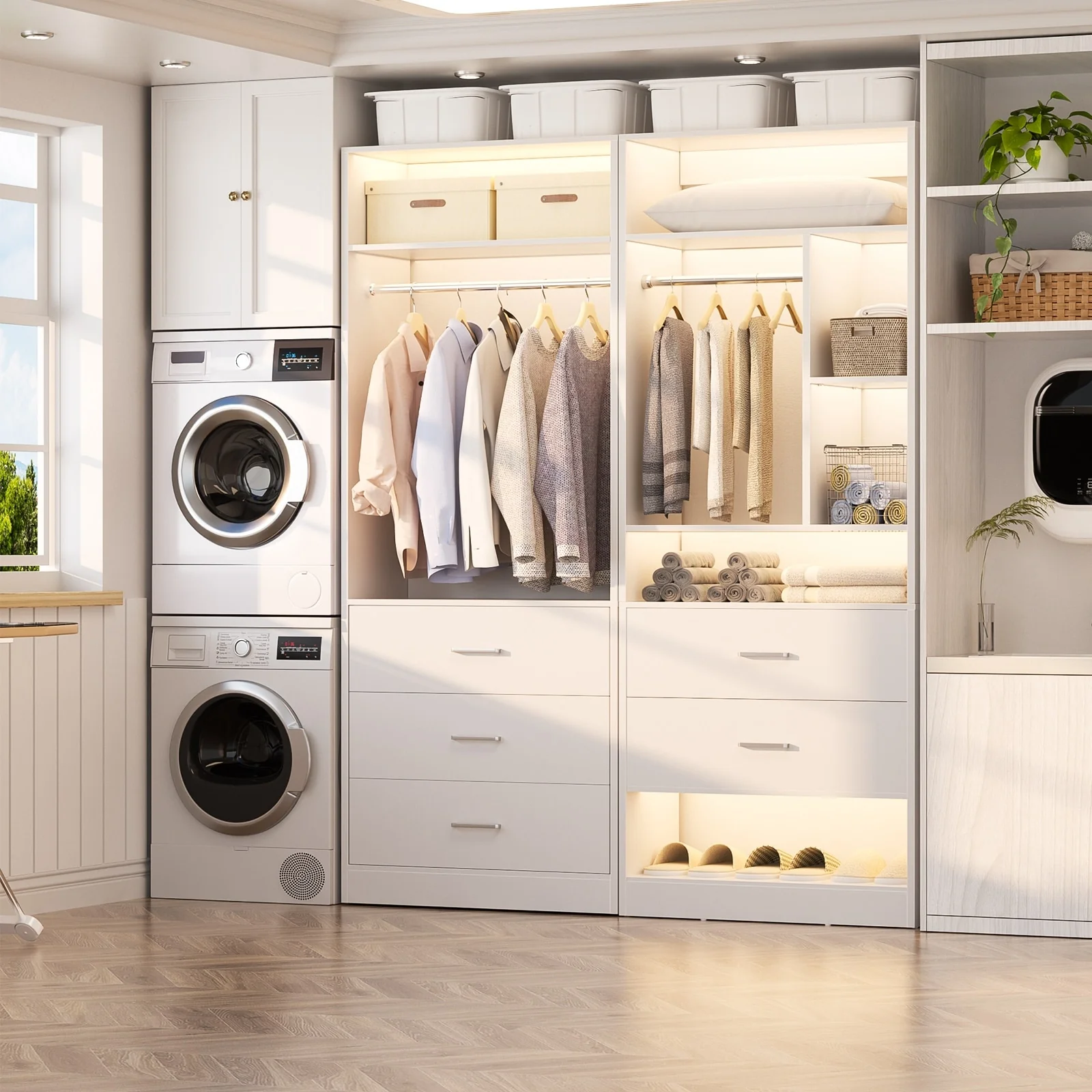 Kyrvo 48''W Set of 2 Freestanding Closet System with 5 Drawers & 2 Hanging Rods,Reversible Wardrobe for Walk-in/Reach-in Closet