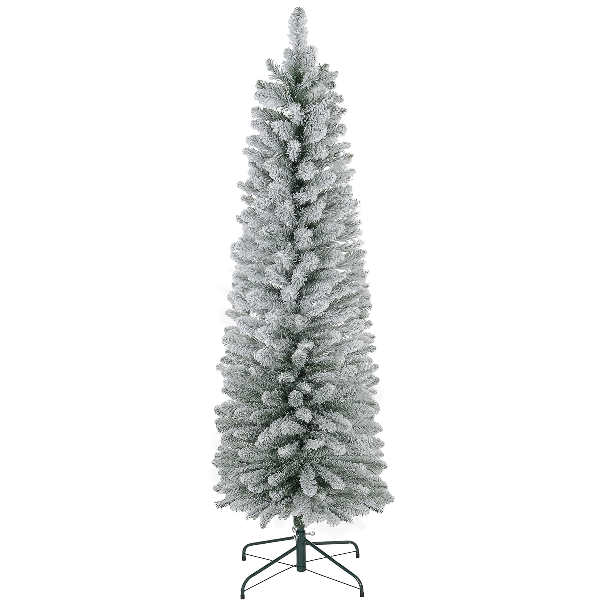 5ft Artificial Pencil Christmas Tree, Snow Flocked Tips with Metal Base for Realistic Holiday Decor