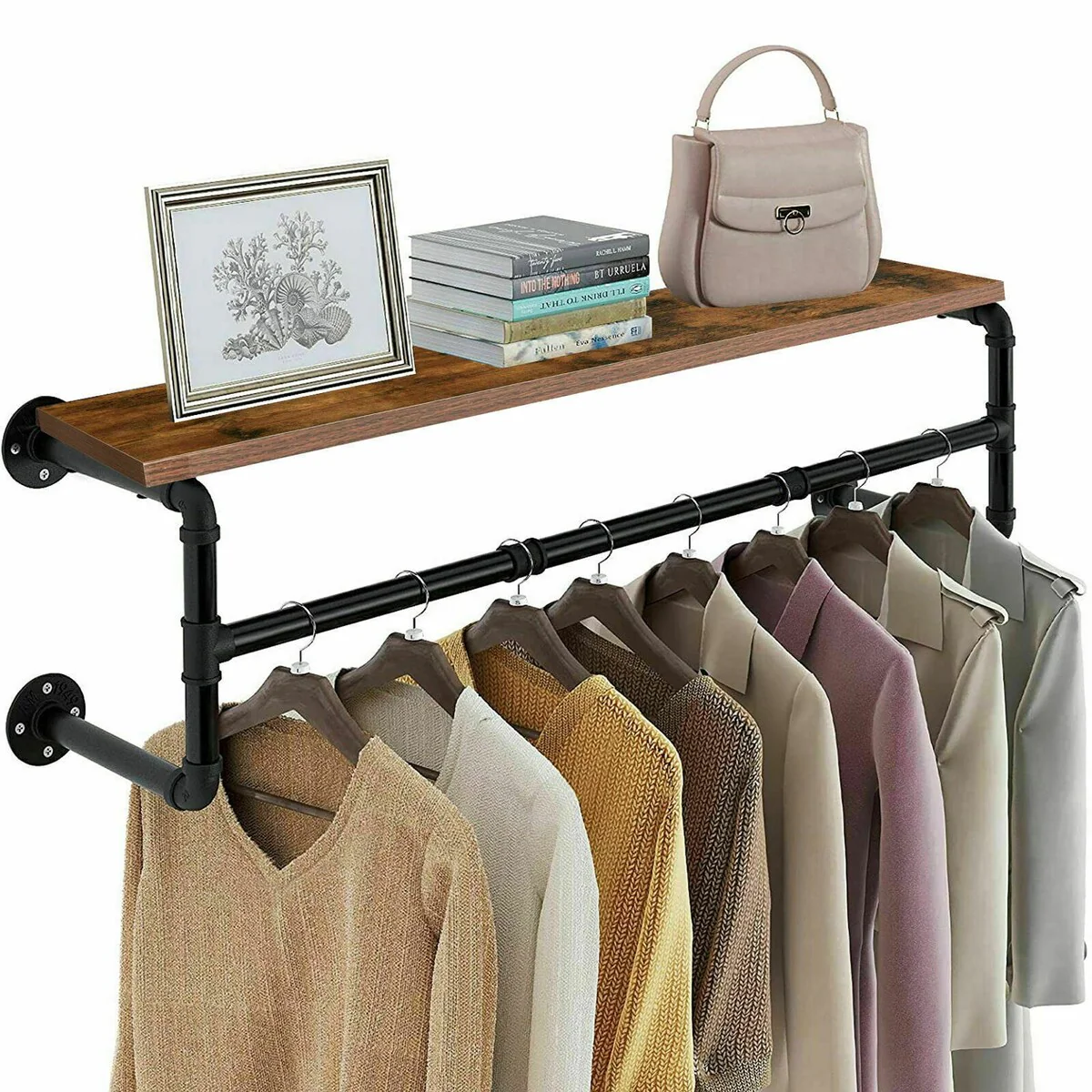 Industrial Pipe Garment Rack with Wood Shelf Wall Mounted Clothing Rack
