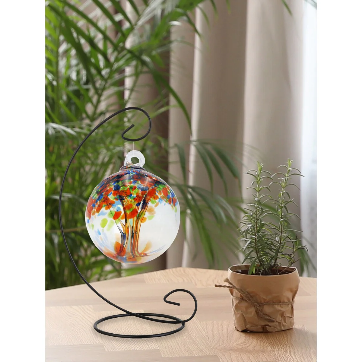 Tree Of Life 4In Royal Hand Blown Glass Ball With Stand