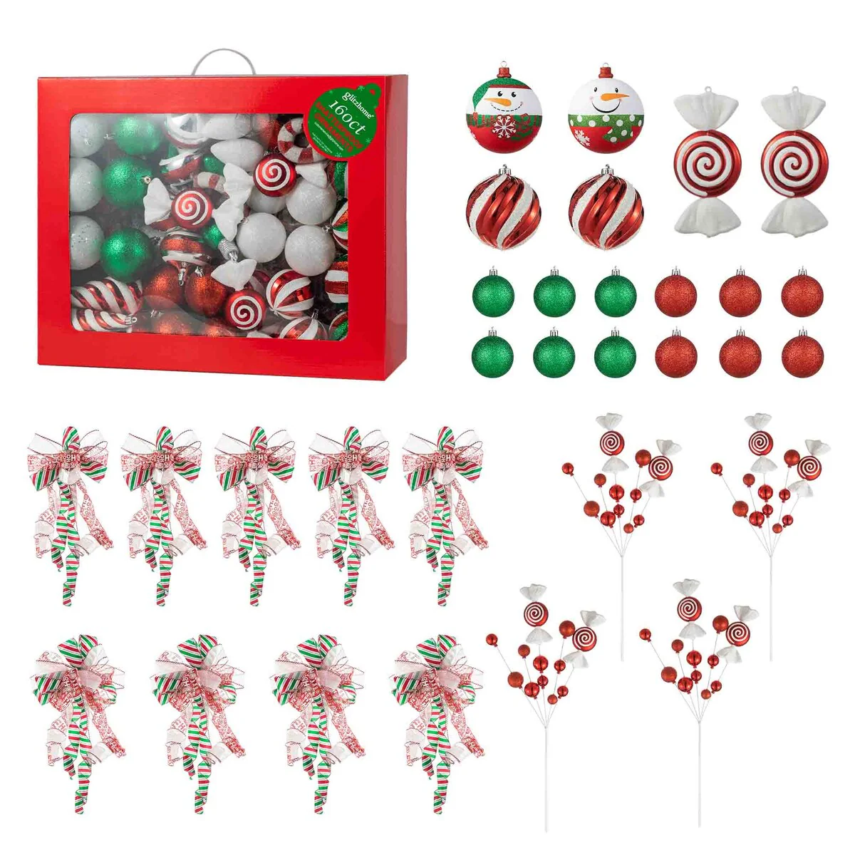 Glitzhome 178ct Christmas Ball Shatterproof Ornaments with Candy Picks & Ribbon Bow (Set of 191)