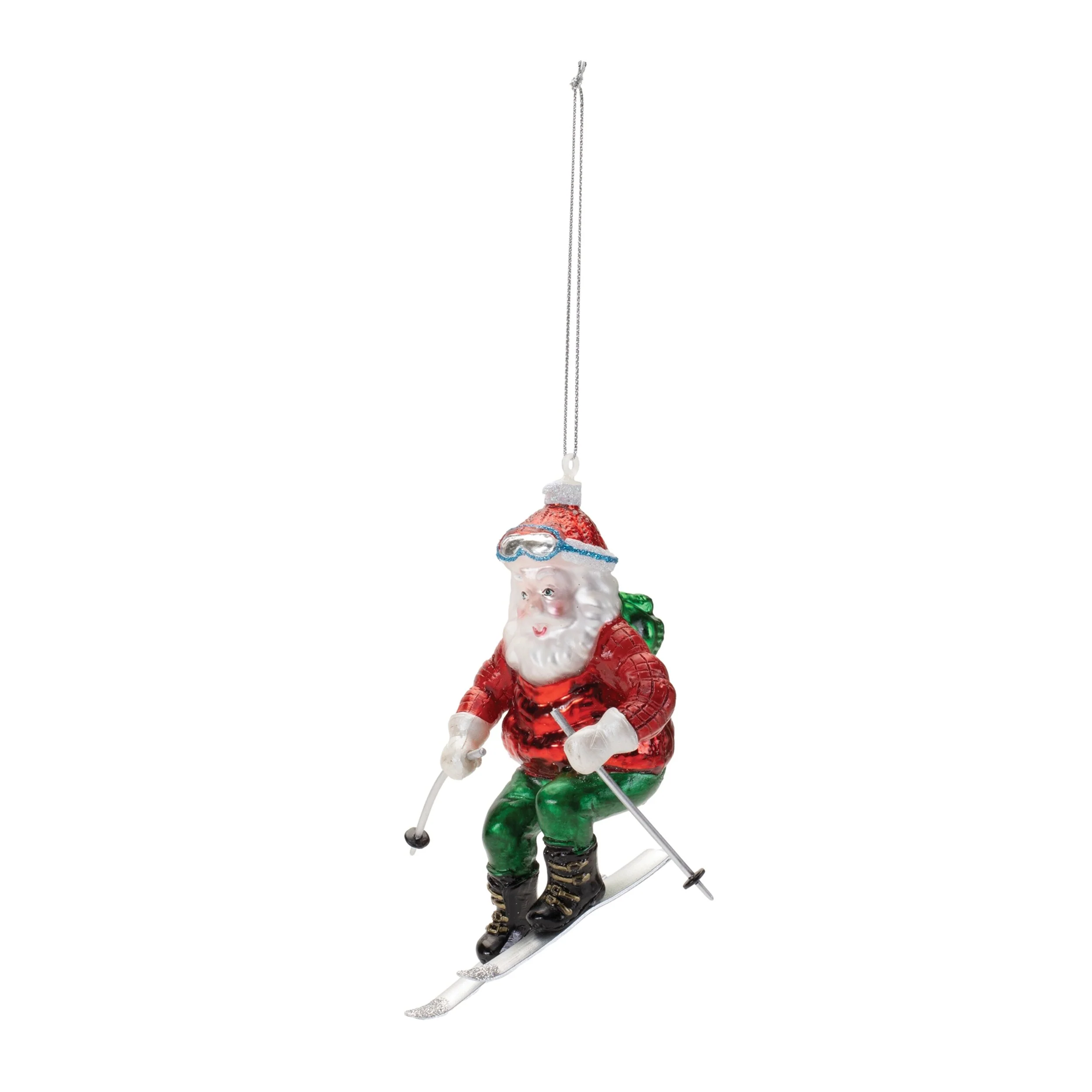 Set of 6 Ski-Themed Glass Santa Ornaments with Glitter Accent and String Hangers Perfect for Holiday Gifts - 4”L x 4”W x 4.5”H