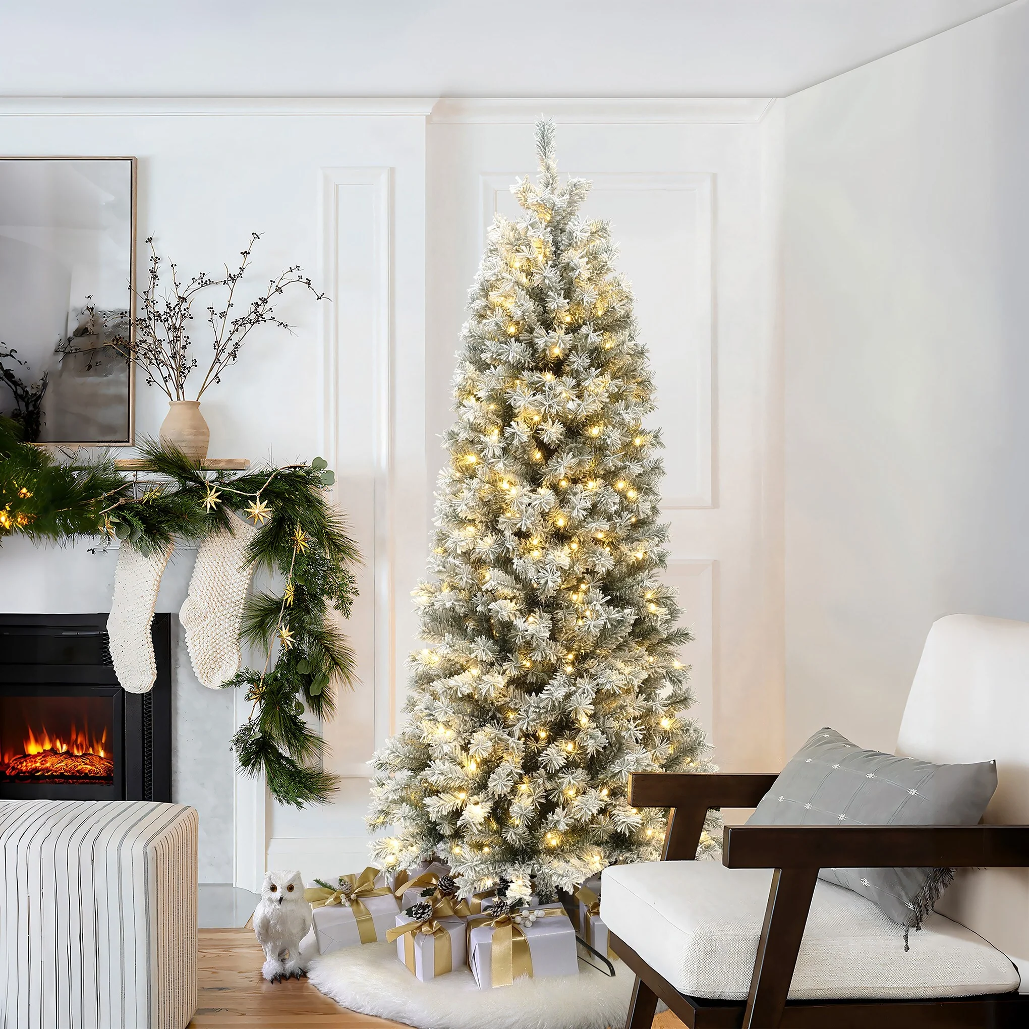 7Ft Pre-Lit Snow-Flocked Artificial Christmas Tree with Metal Stand