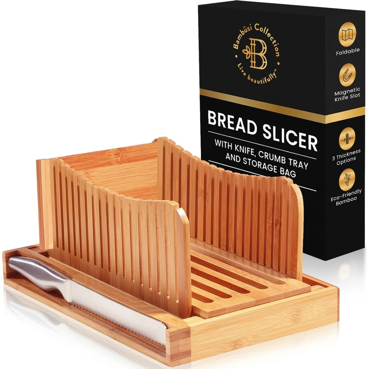Bamboo Bread Slicer with Knife - 3 Slice Thickness, Foldable Compact Cutting Guide with Crumb Tray