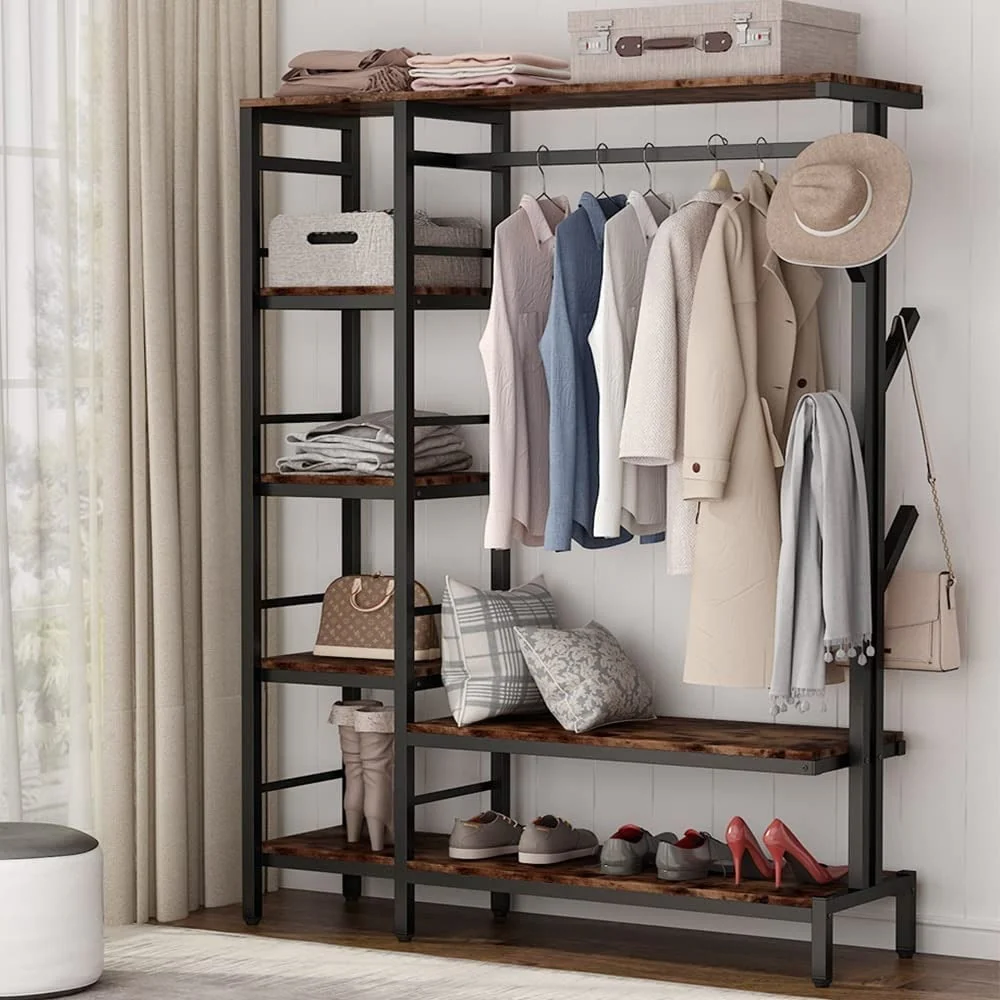 Free-standing Closet with Hooks, metal Clothes Garment Rack with Shelves and Hanging Rod