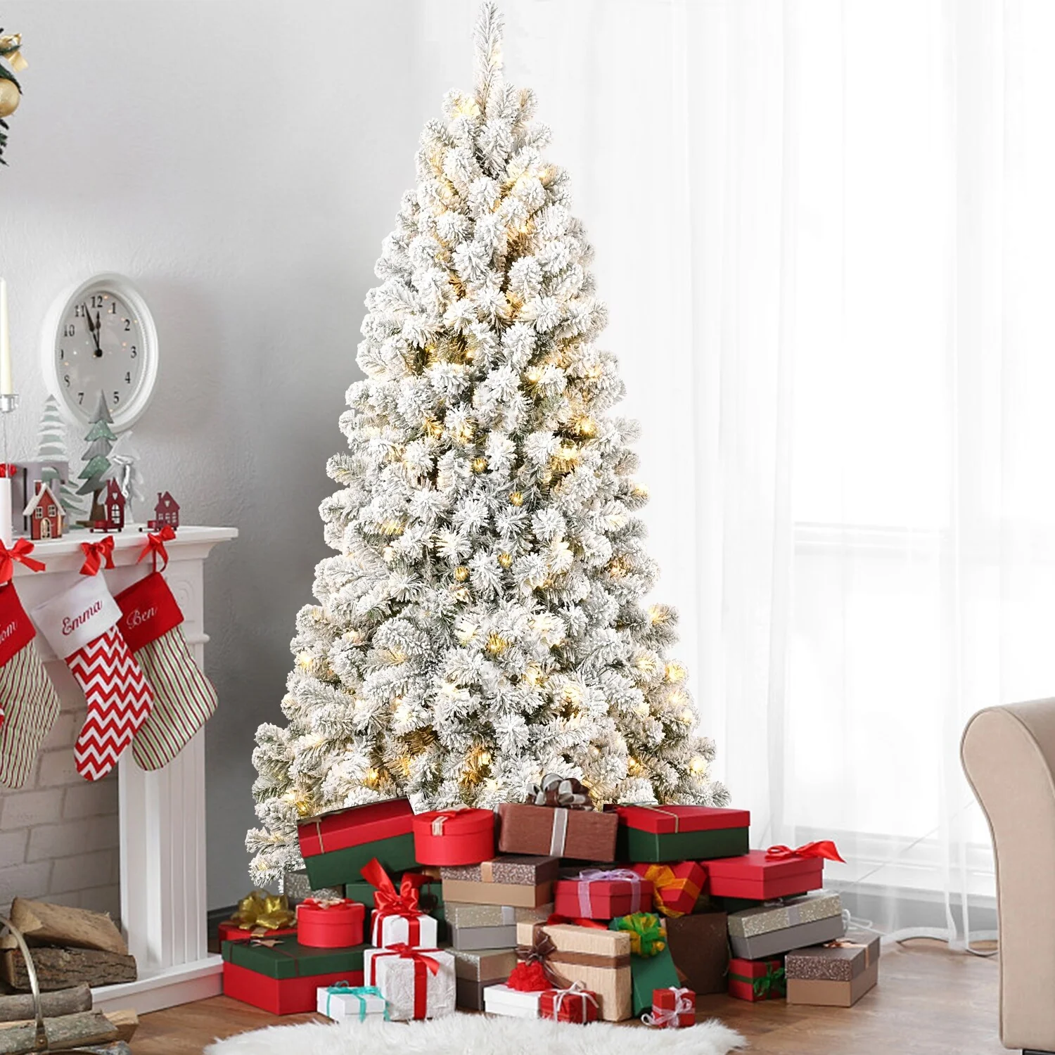 5ft Artificial Christmas Tree with Memory Wire Tips and 200 Warm Incandescent Lights, for Home Holiday Festival Decor
