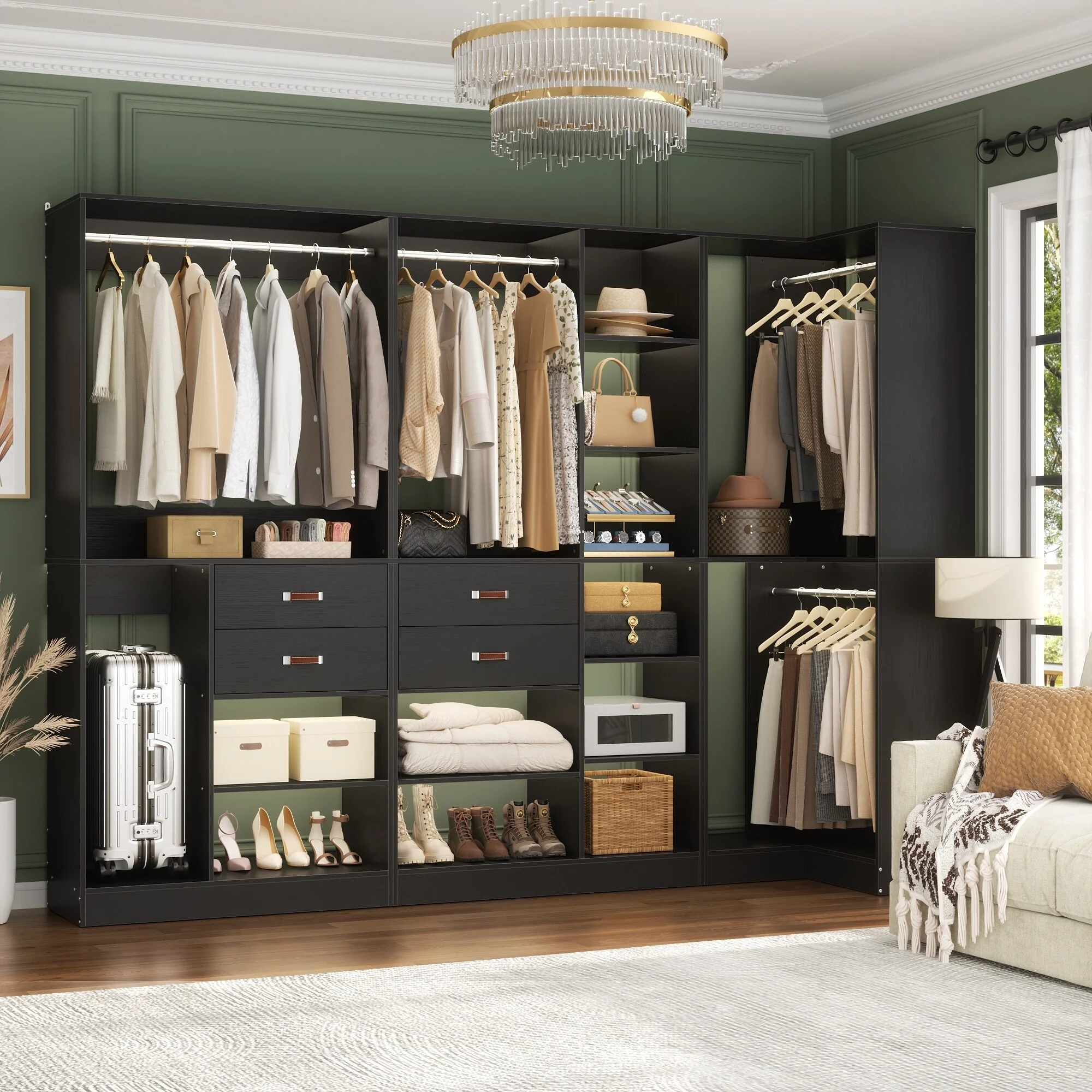 Vryon 110'' Set of 3 Freestanding Corner Closet Organizer, Reversible Wardrobe with Hanging Rods