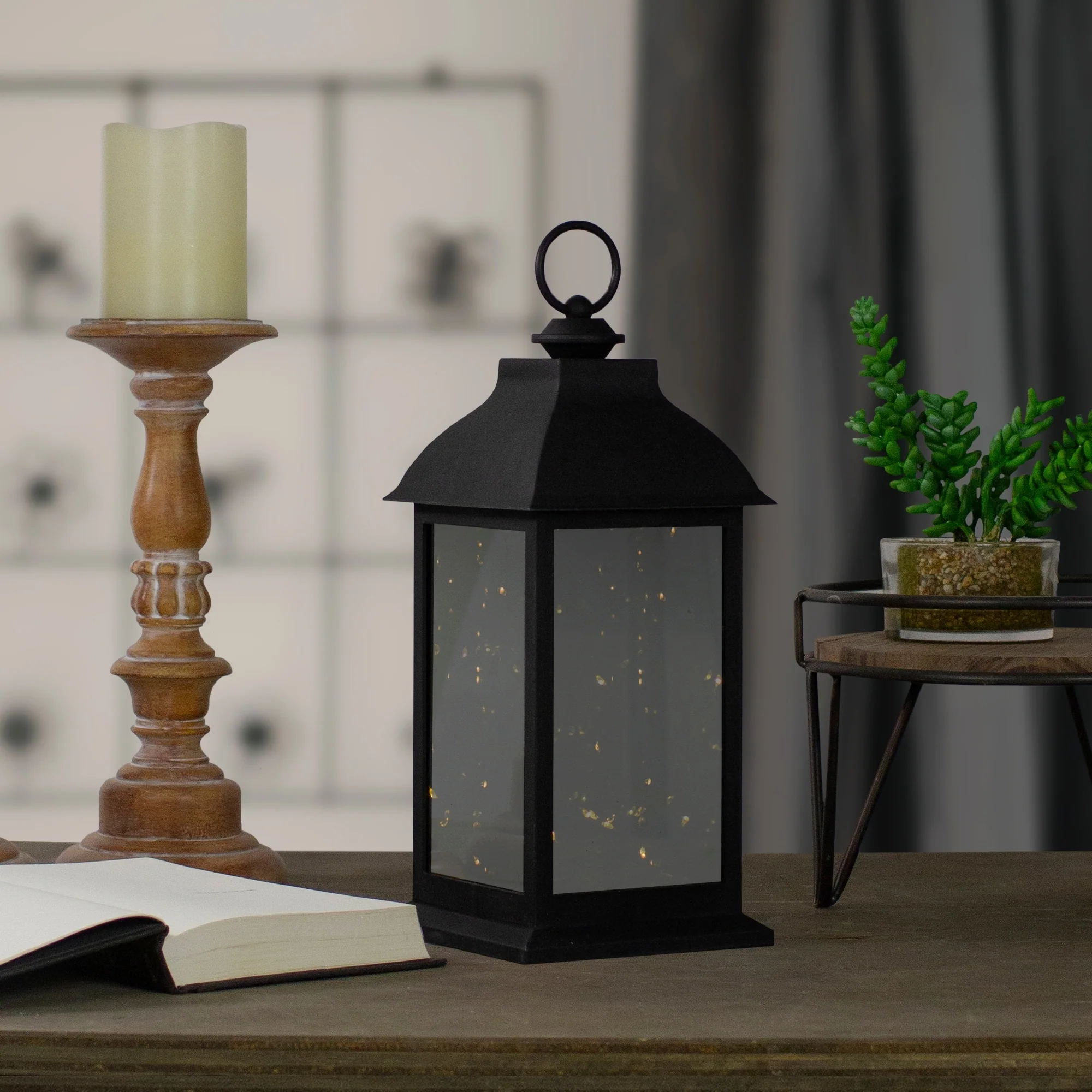 12.4-Inch LED Battery Operated Lantern Warm White Flickering Light - Black