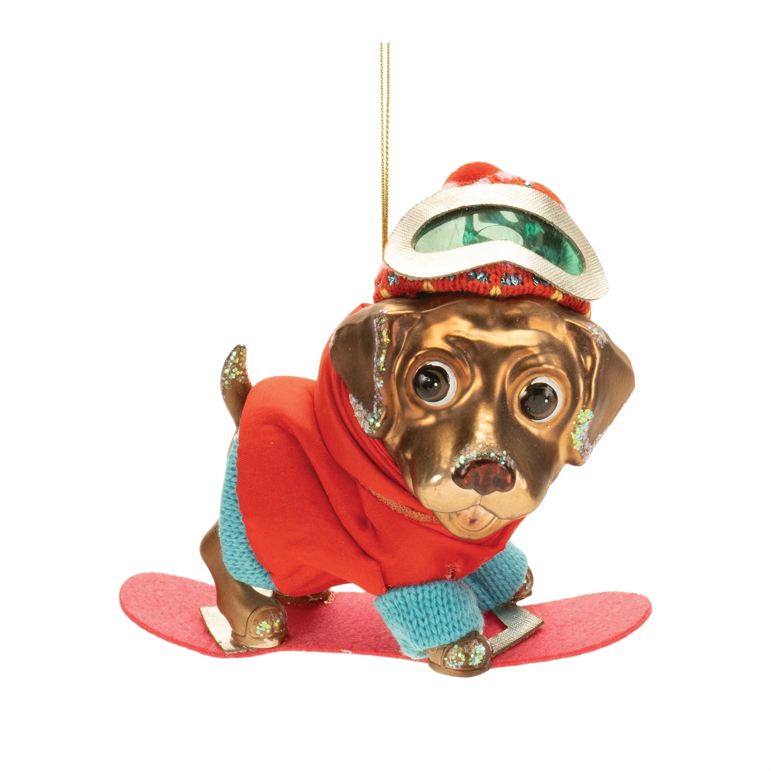 Snowboarding Dog Ornaments Glass Christmas Tree Decor Set of 6 - 5.75” x 3.5” x 5”