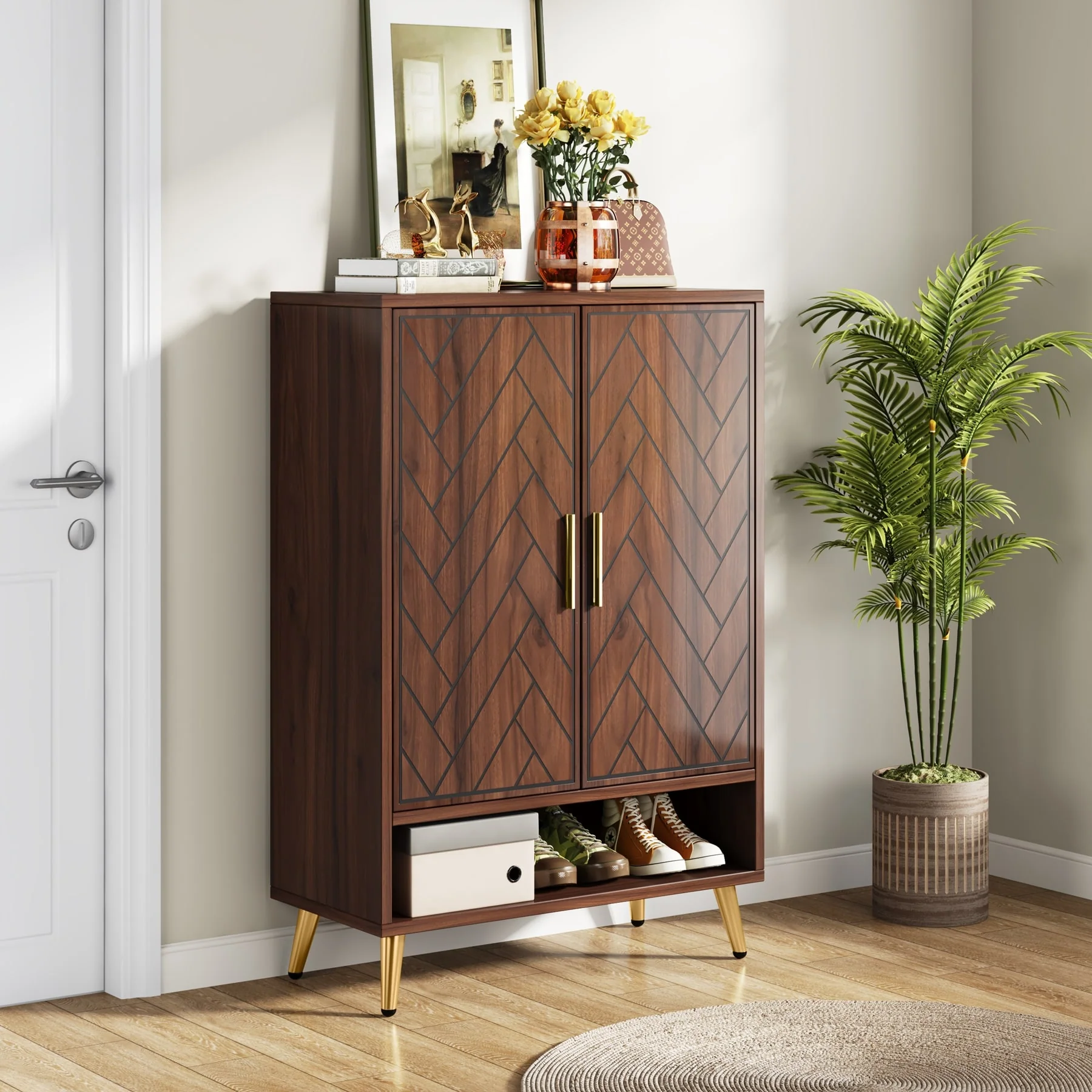 Wood and Metal 2-door Shoe Storage Cabinet with Adjustable Shelves for Entryway