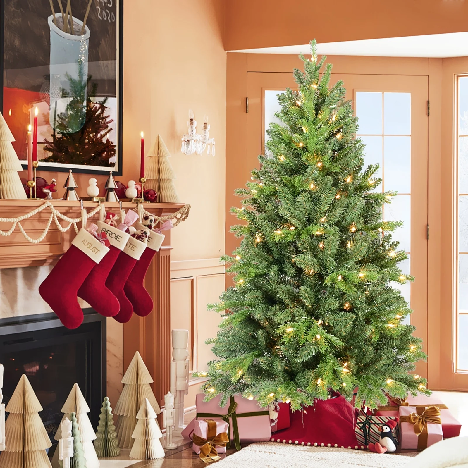 4FT Christmas Tree with 527 Tips and 150 Warm White LED Lights-PVC+PE Mixed Branches, Hinged Structure for Easy Setup