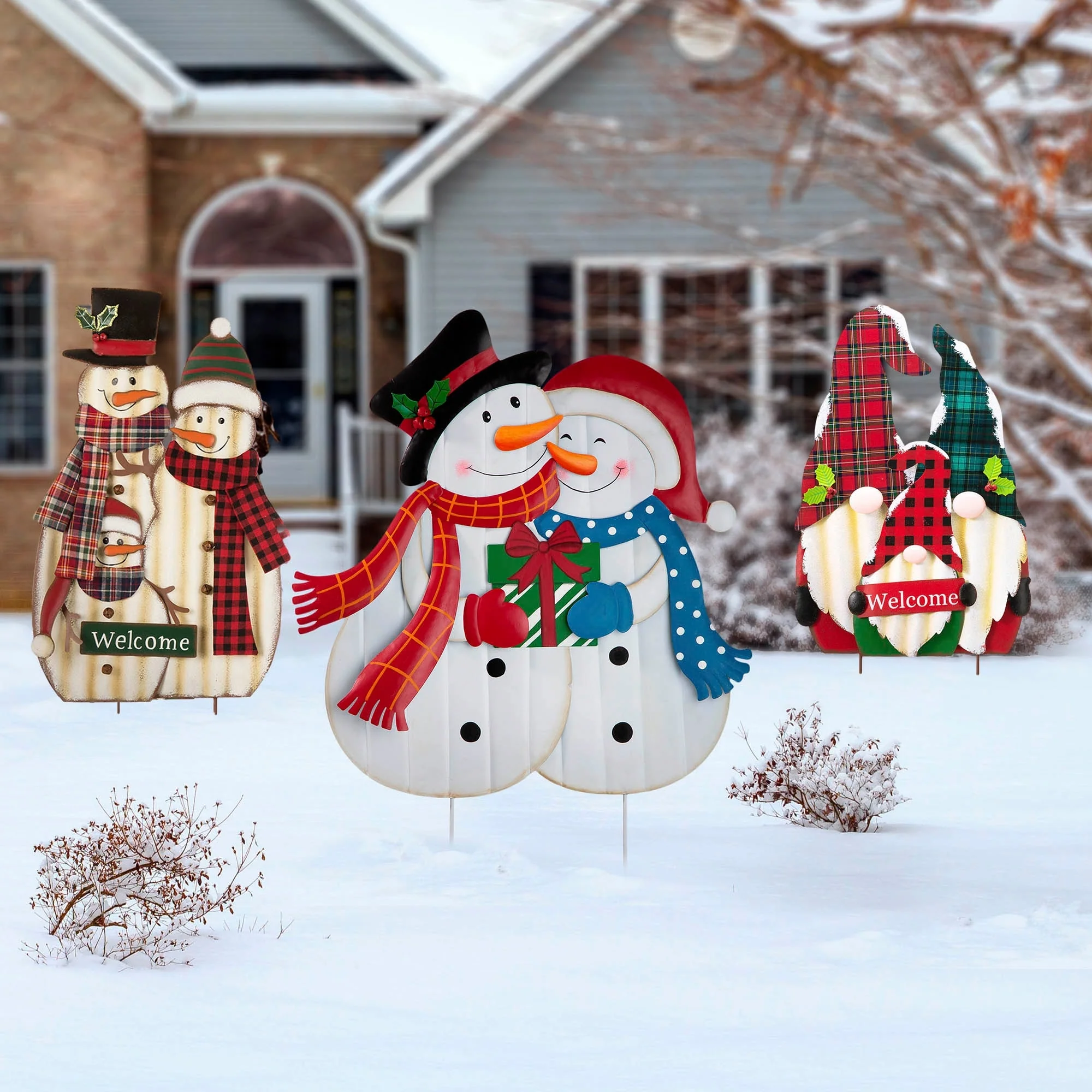 Glitzhome Metal Christmas Snowman Nutcracker Gnome Family Yard Stakes Wall Decor