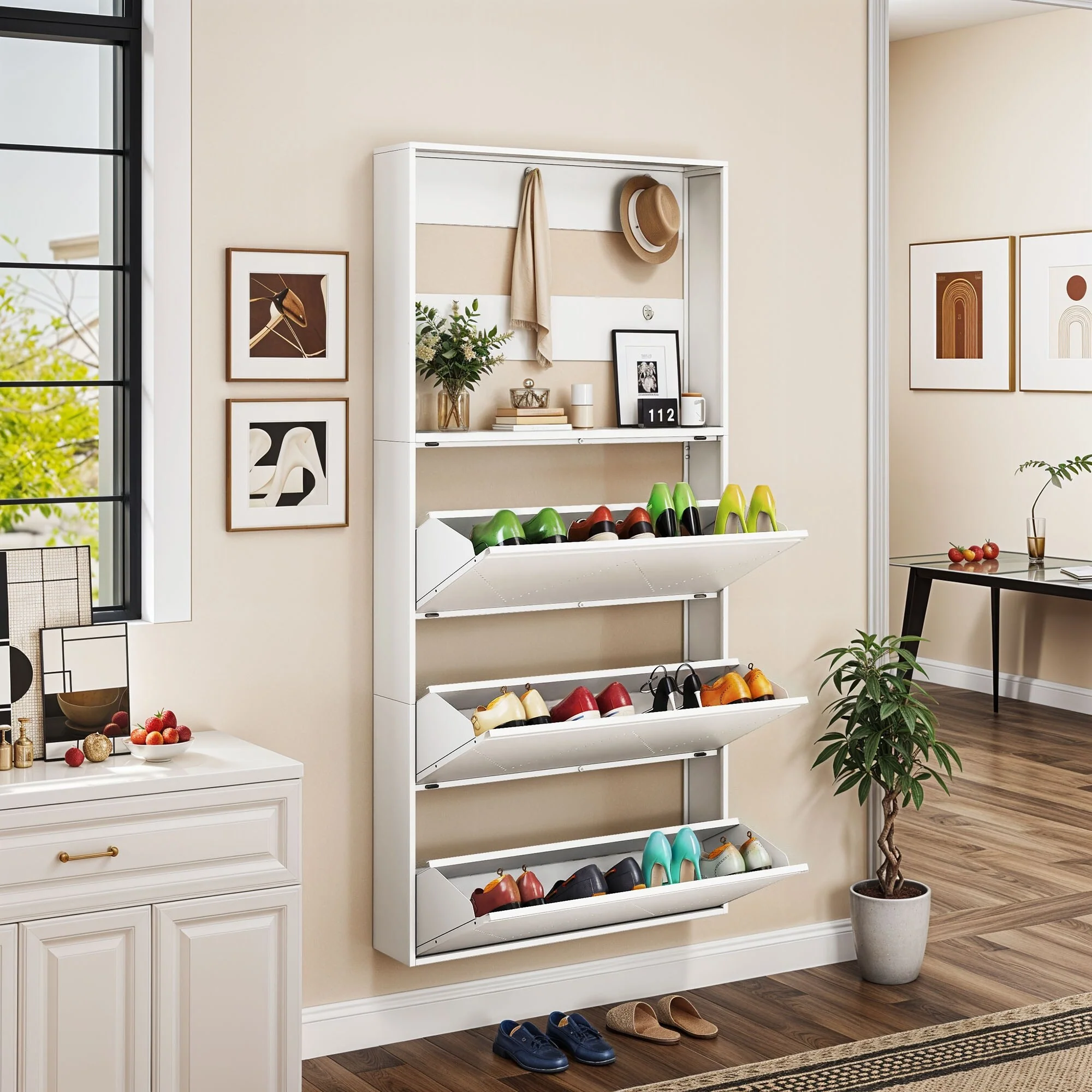Moasis Wall-Mounted Shoe Cabinet with 3 Flip Drawers, Shoe Organizer with Hanging Bars and Hooks