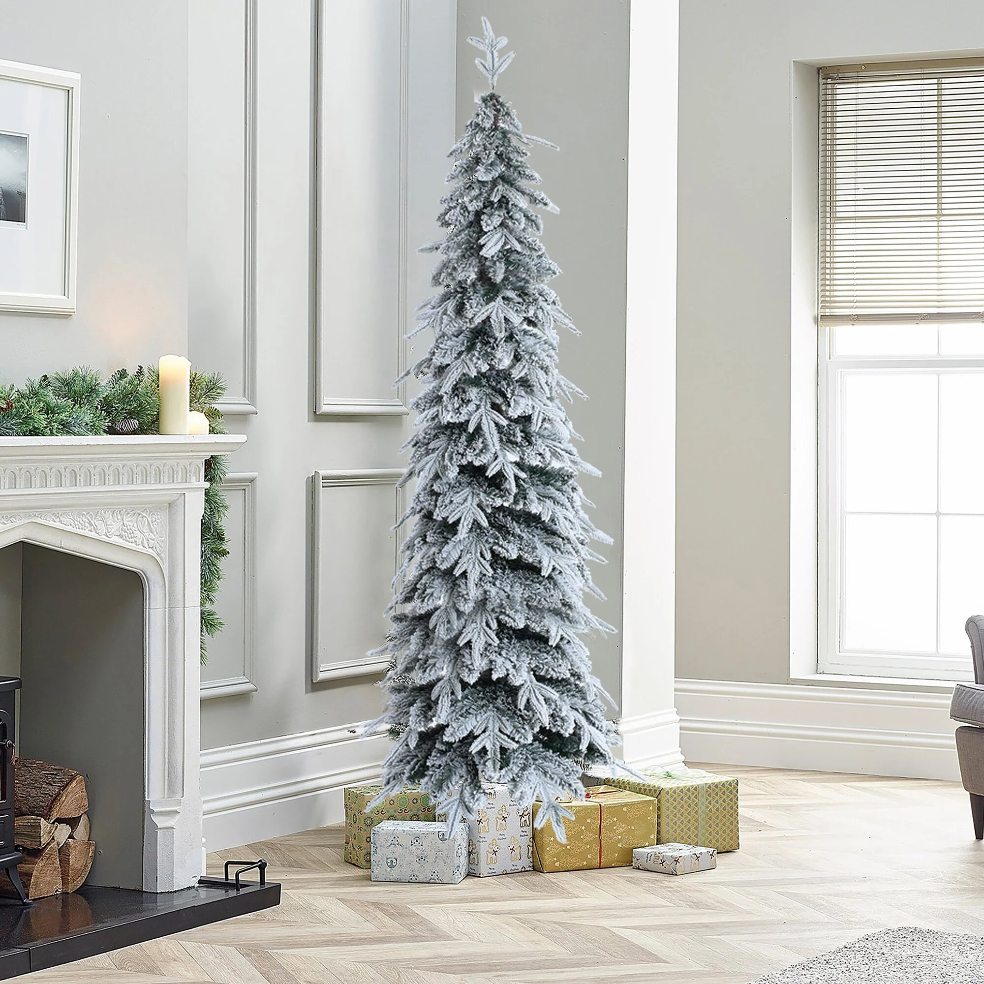 6.8Ft Pencil Slim Artificial Snow-Flocked Christmas Tree - 82.8