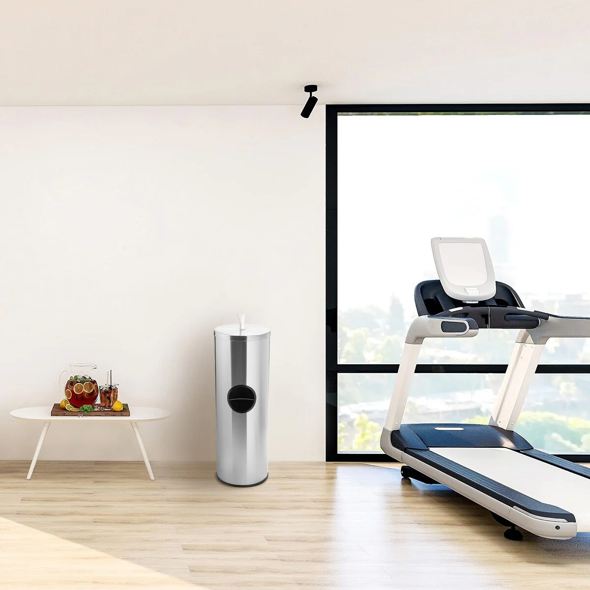 Sleek Gym Wipe Stand with Integrated Waste Receptacle