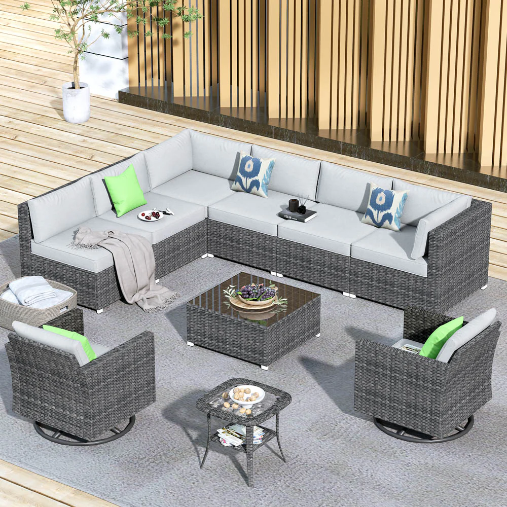 Ovios Patio Furniture 10-Piece Outdoor Sectional Sofa Set with Wicker Rocking Swivel Chairs and Tempered Glass Table