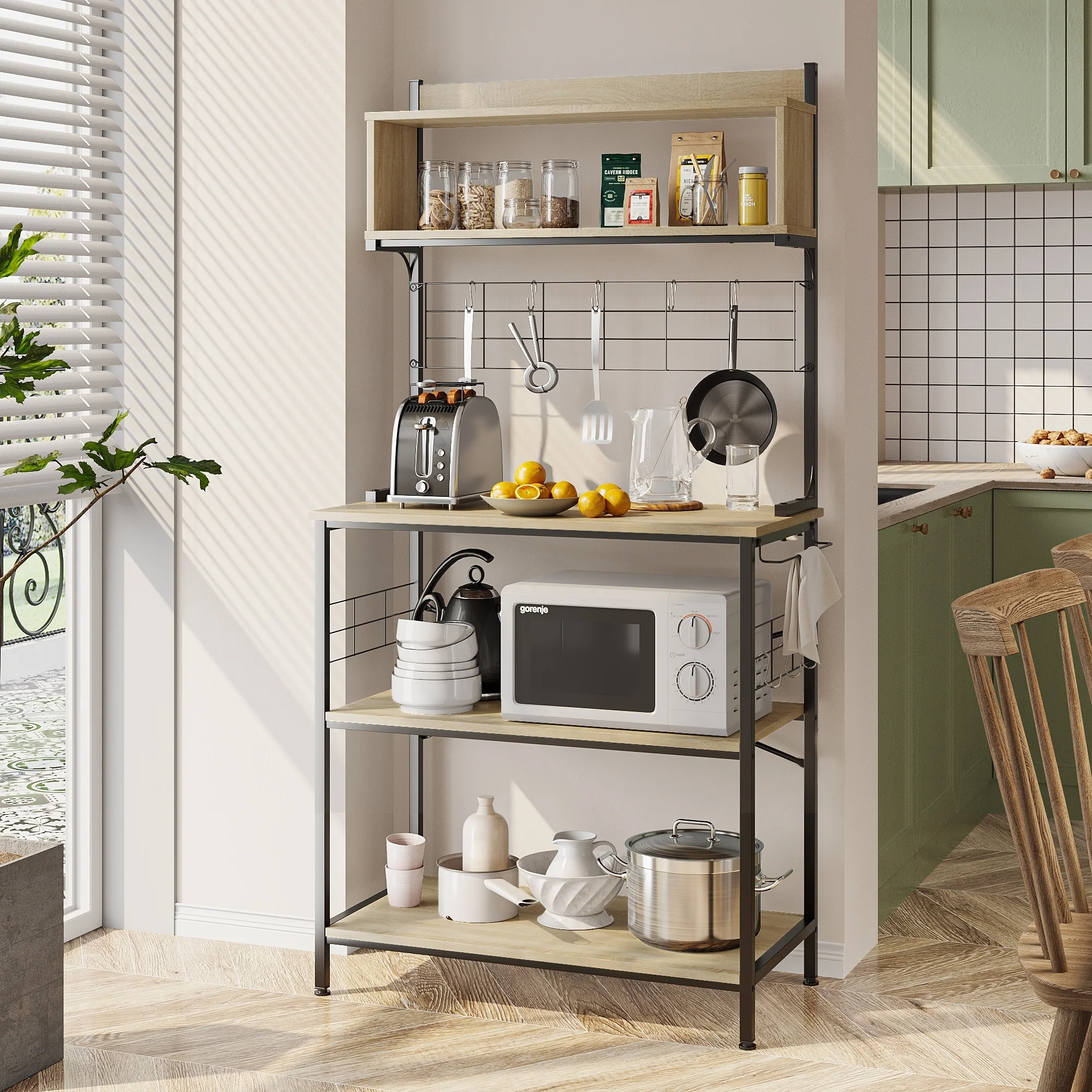 63 Inch Kitchen Baker's Rack with Hutch 8 Side Hooks