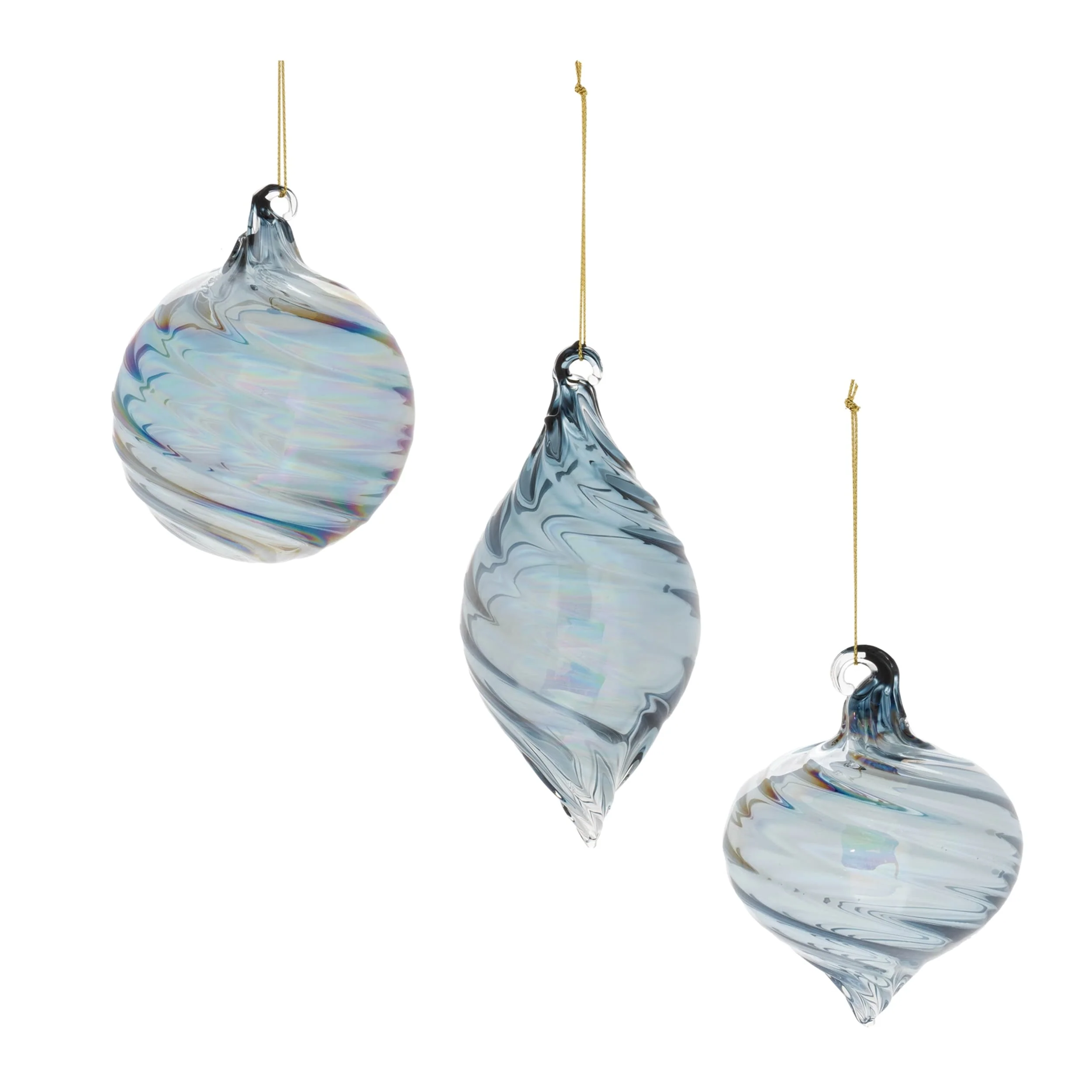 Blue Glass Iridescent Swirl Ornaments Set of 12 Ball and Onion Holiday Decor - 3” x 3” x 3.75” (L x W x H)