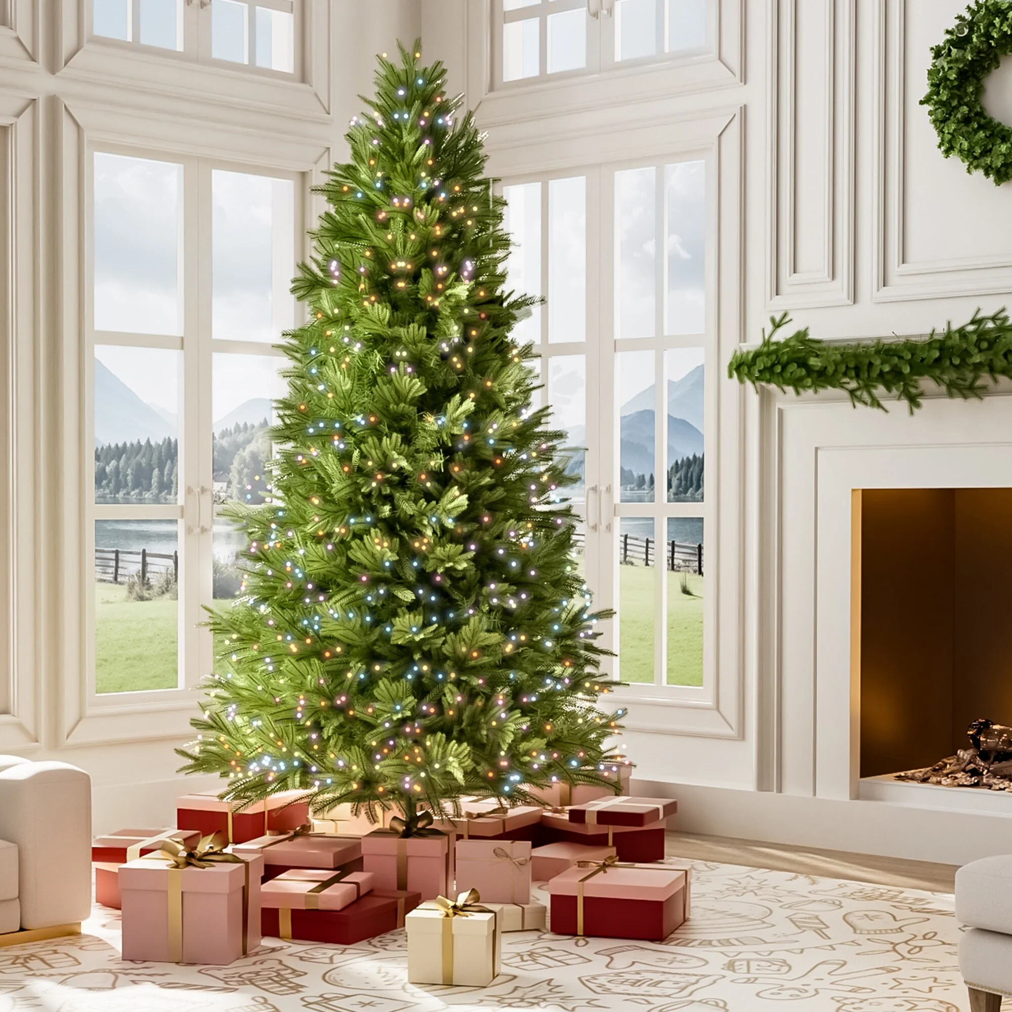 7.5ft Artificial Christmas Tree with 550 Multi-Colour LED Lights and 2286 Branch Tips for Indoor Use
