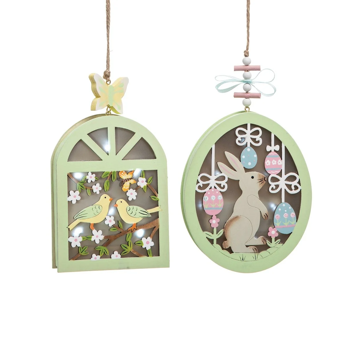 Spring Easter Bunny Rabbit Shadowbox Light-Up LED Ornament Decoration S/2 - Green - Set of 2