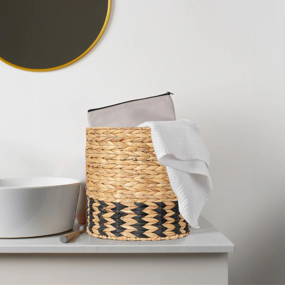 Household Essentials Natural Water Hyacinth and Paper Basket with Stripes