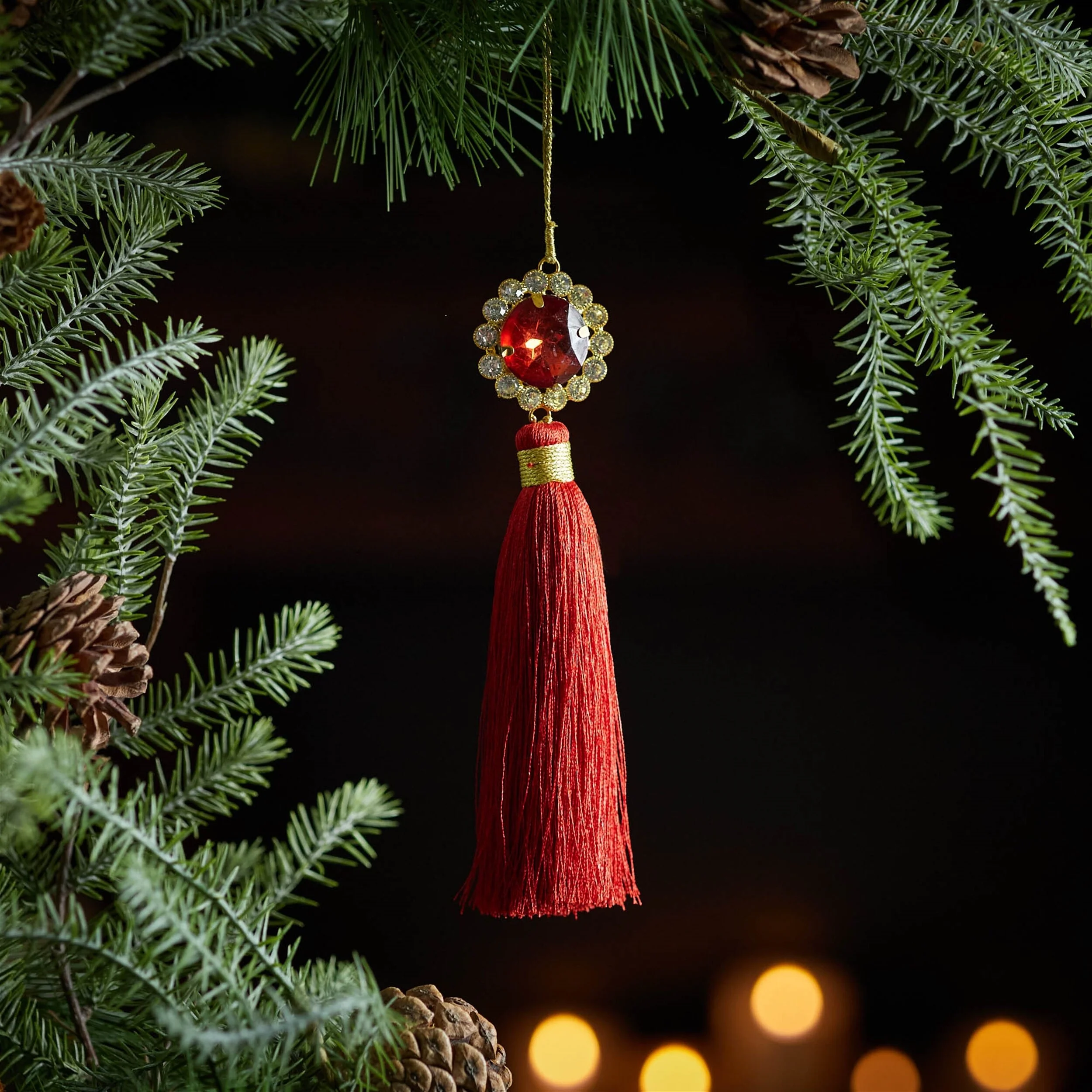 Set of 6 Red Tassel Ornaments with Gold and Jeweled Details Ideal for Holiday Tree Decorating - 2.25”L x 1”W x 7.75”H