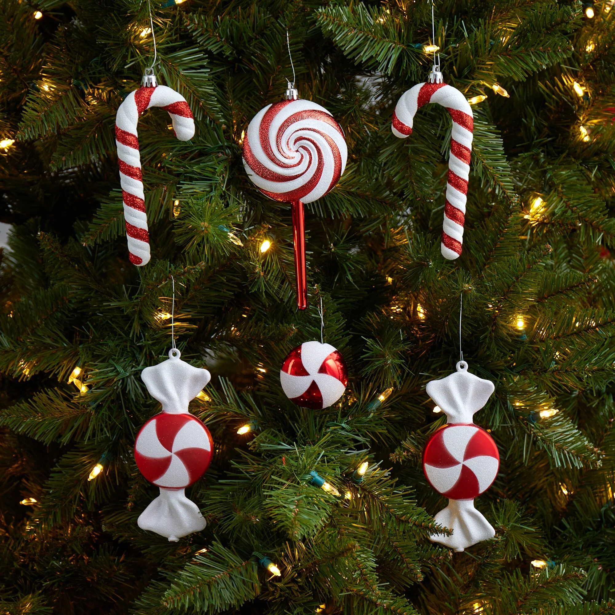 Set of 6 Red and White Assorted Candy Cane Christmas Deluxe Shatterproof 7