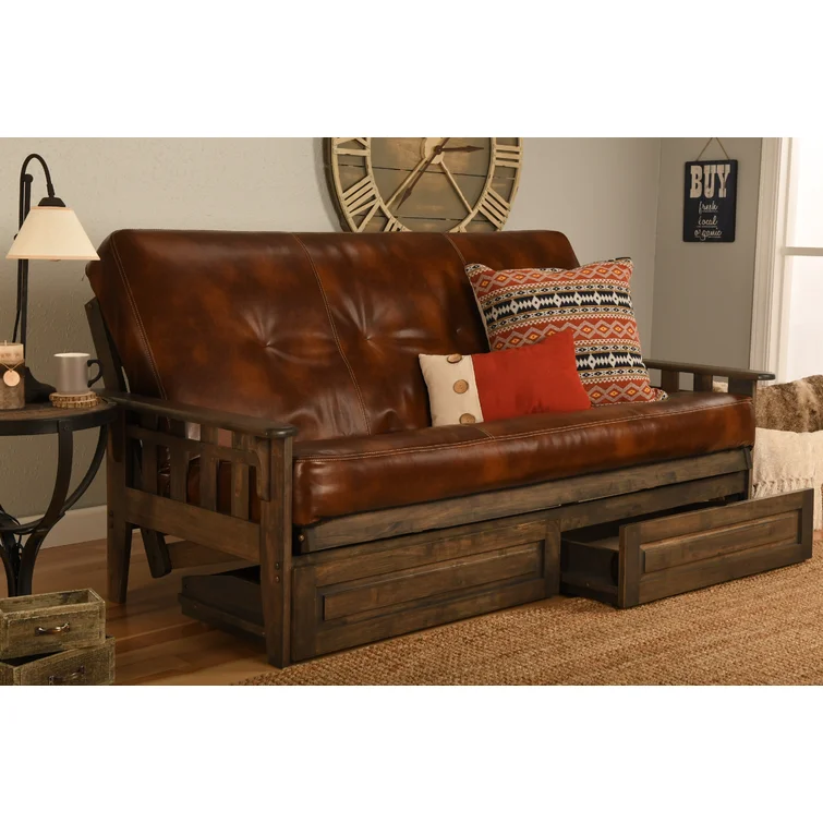 Stratford Full 81" Wide Faux Leather Loose Back Futon and Mattress