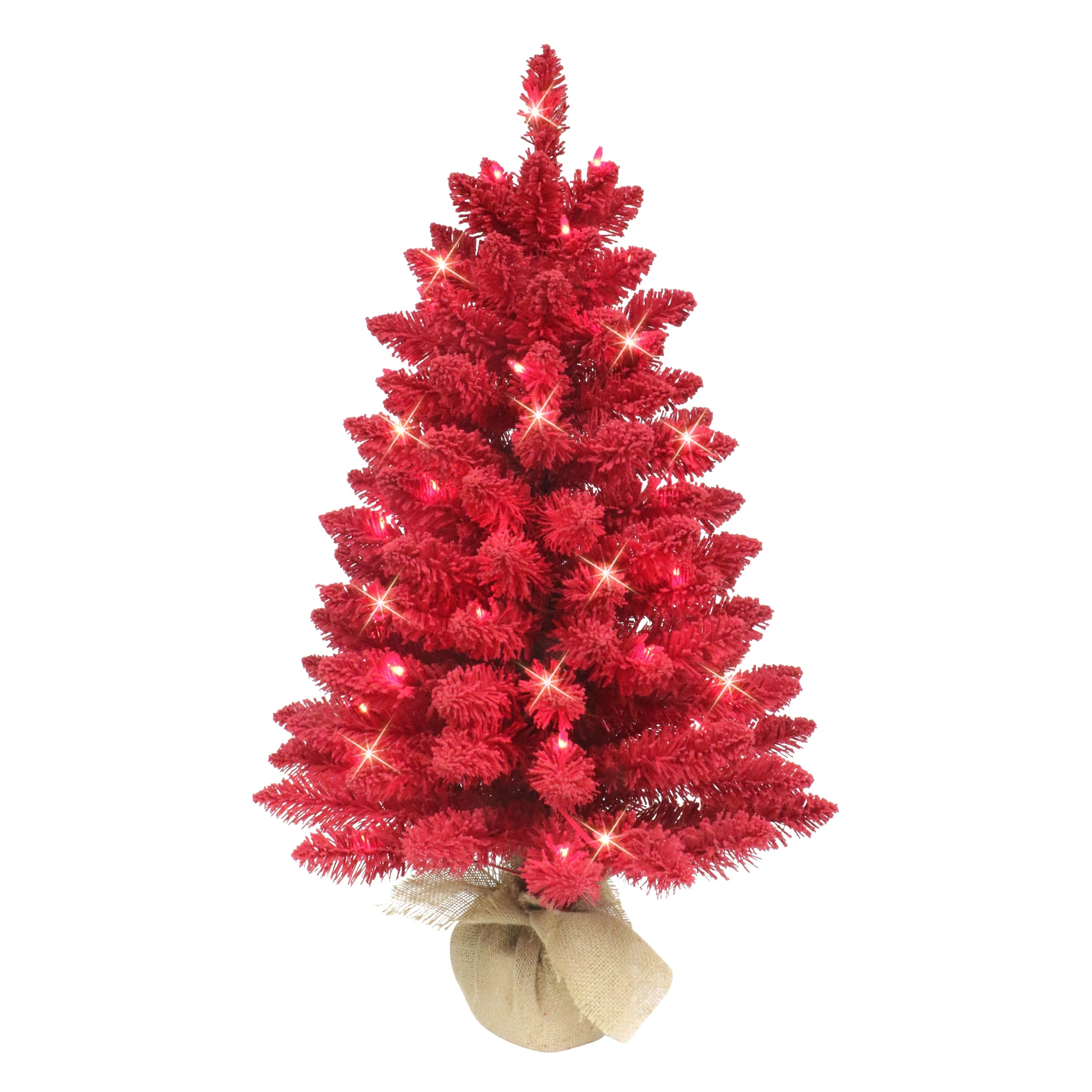 Puleo International 3' Pre-Lit Artificial Flocked Fashion Red Tree