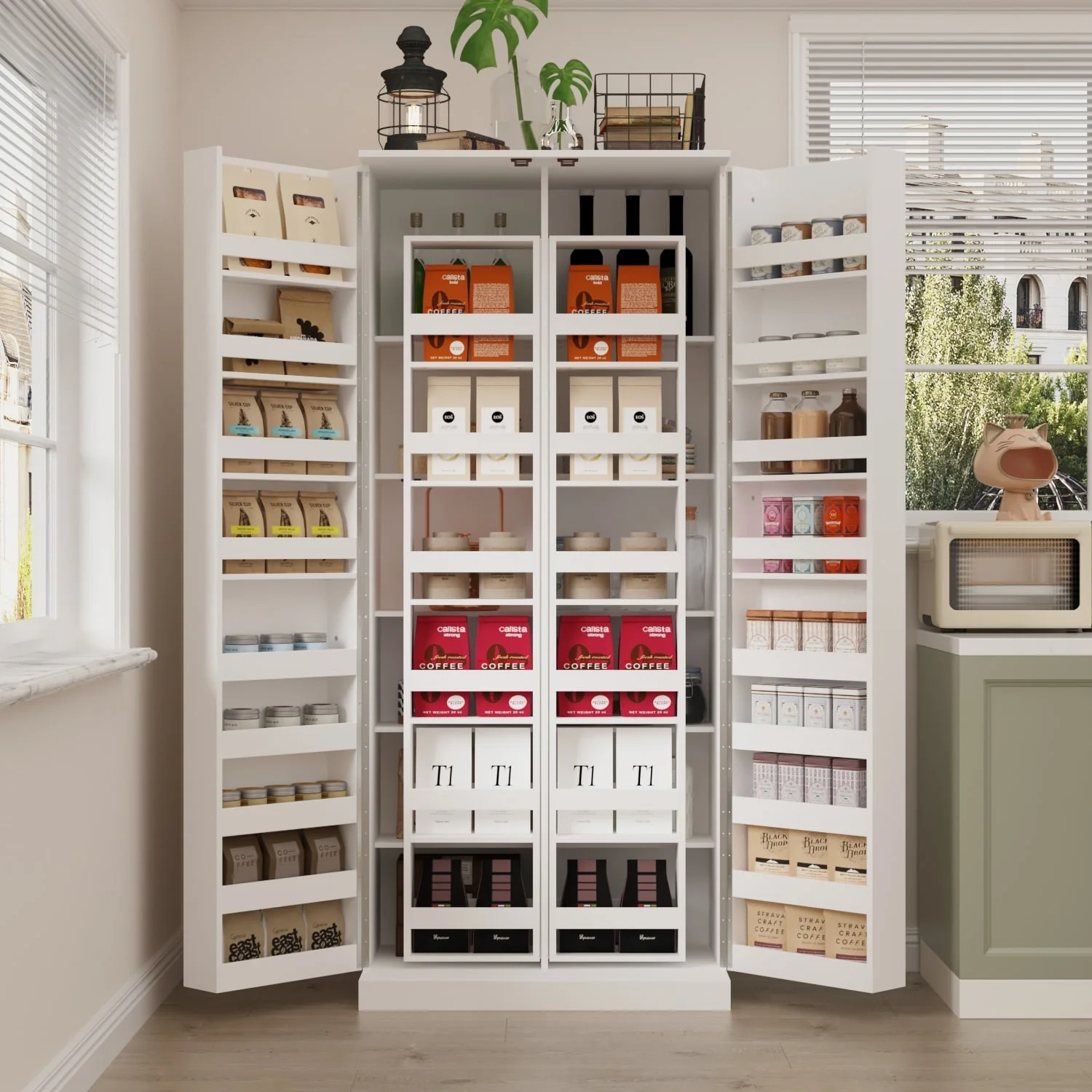 White Storage Cabinet: Kitchen Pantry, Buffet, Large 72.2