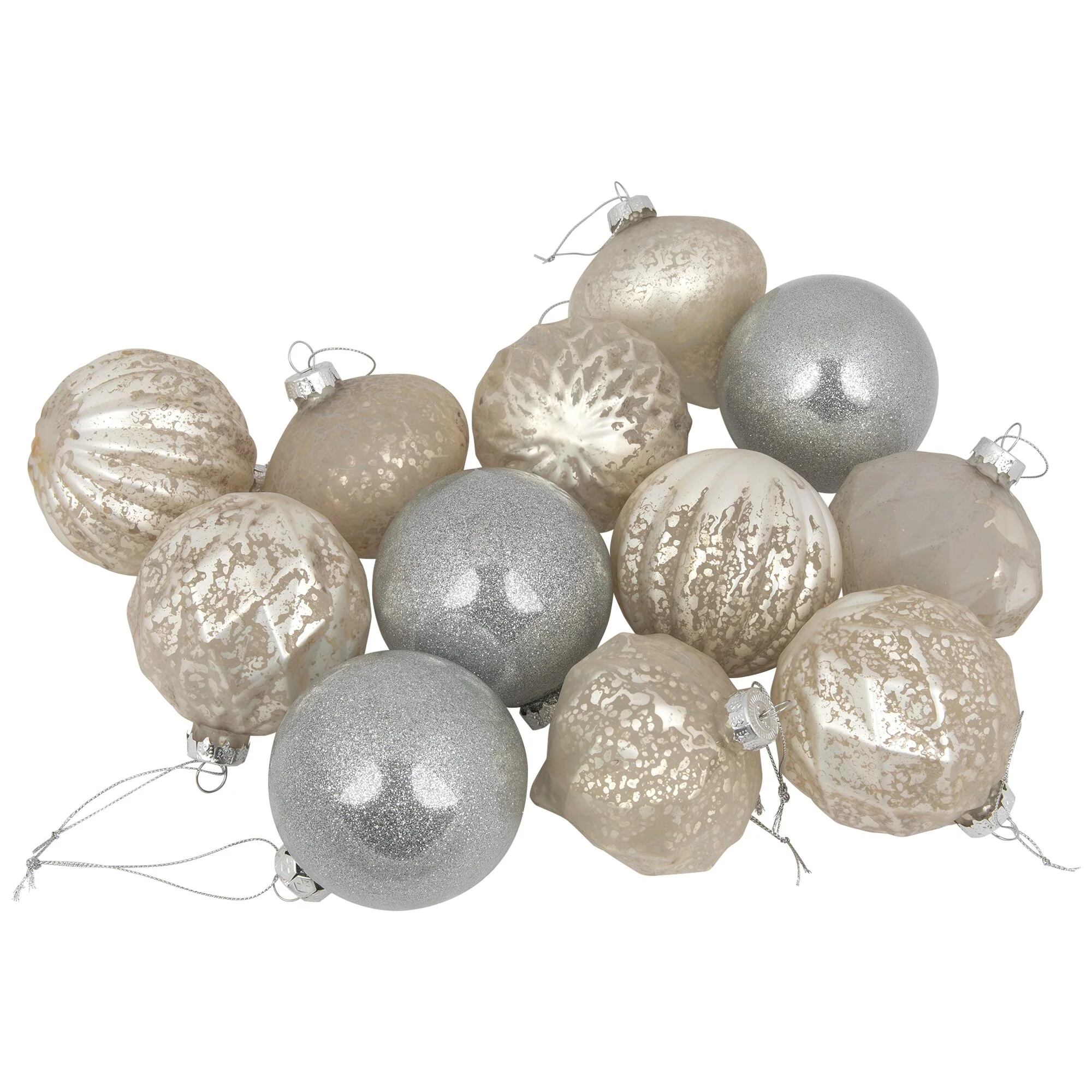 12ct Champagne Silver Mercury Glass Style Glass Ornament Set 3