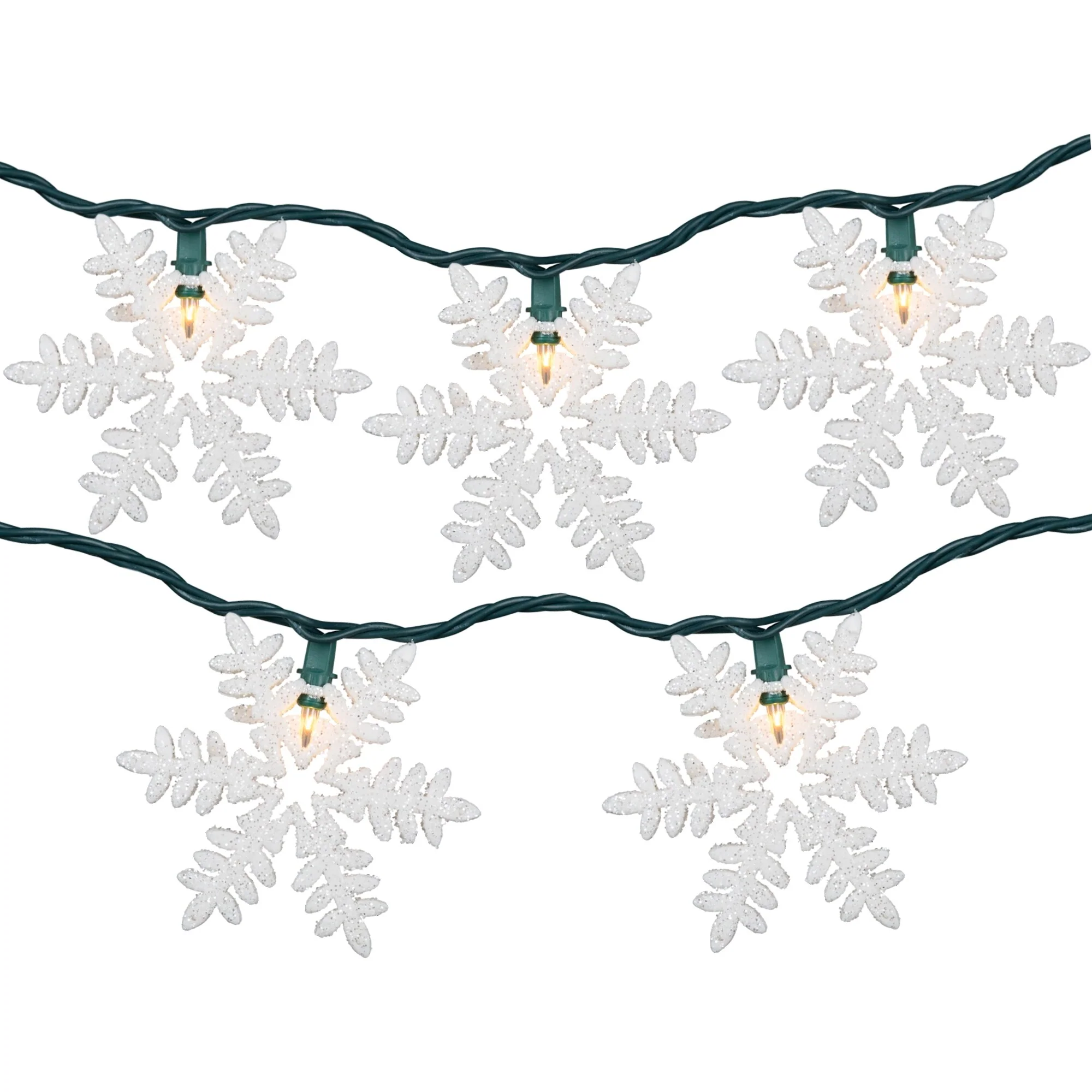 10-Count White Glittered Snowflake Christmas Light Set, 6ft Green Wire