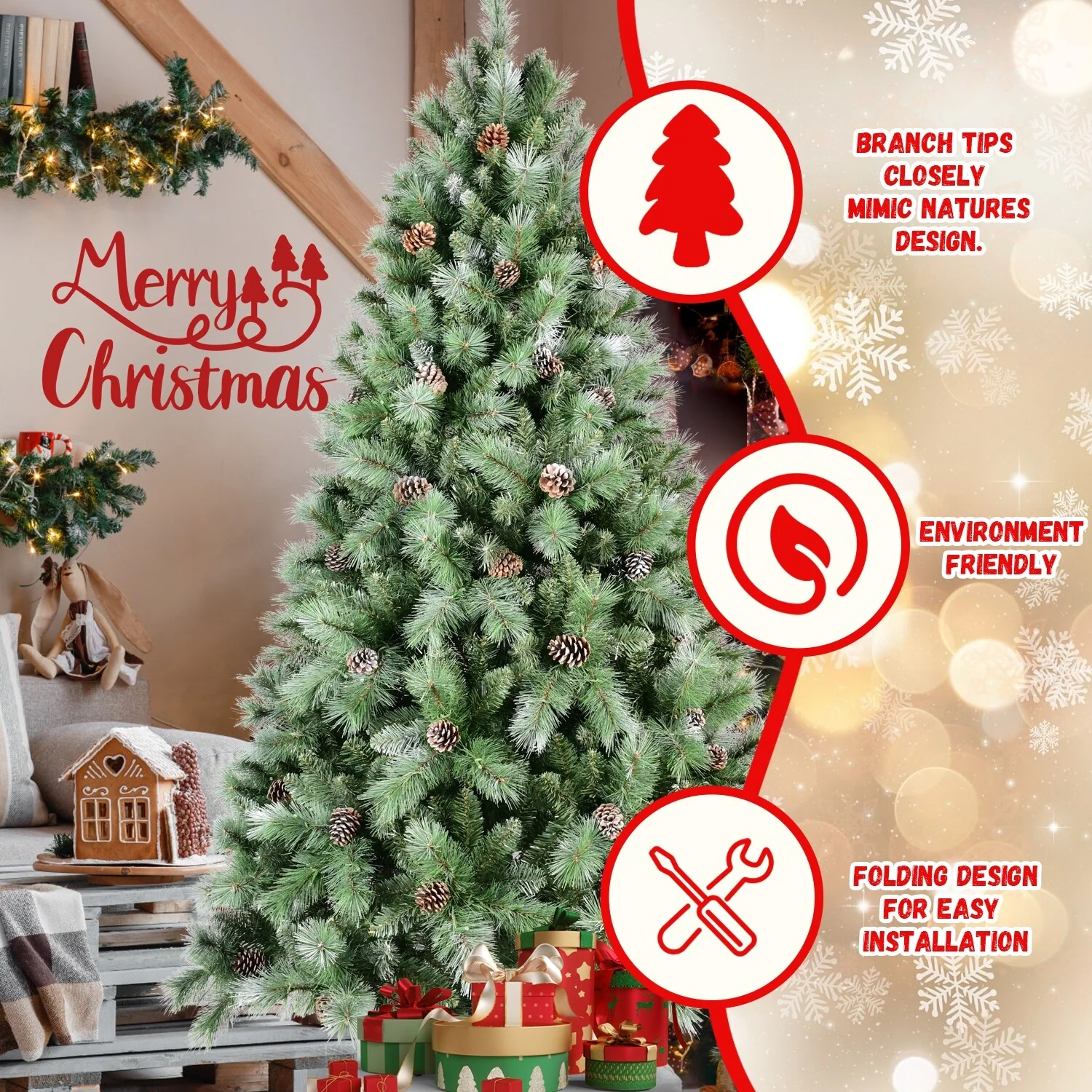 7.5FT Frosted Scotch Pine Christmas Tree, Pre-Decorated with Pine Cones & Easy Assembly